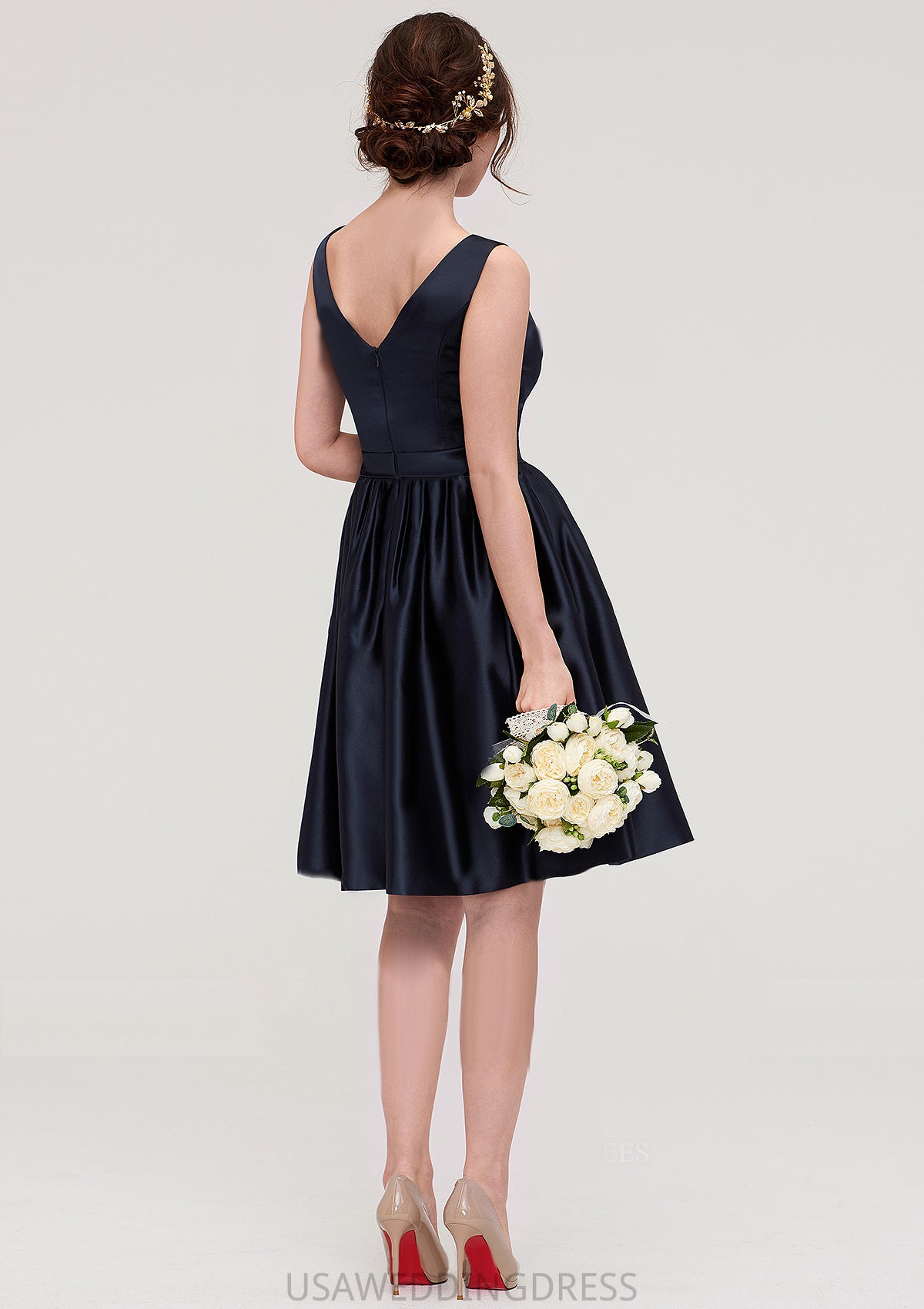 V Neck Sleeveless A-line/Princess Knee-Length Satin Bridesmaid Dresses With Pleated Eva DSP0025433