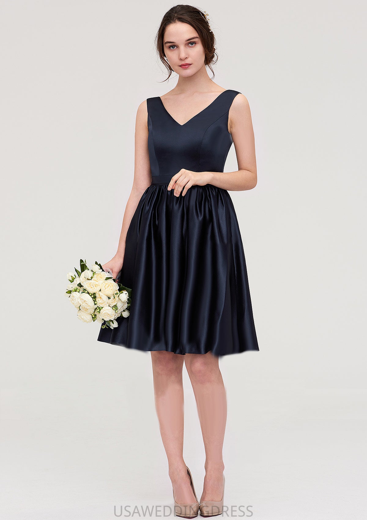 V Neck Sleeveless A-line/Princess Knee-Length Satin Bridesmaid Dresses With Pleated Eva DSP0025433