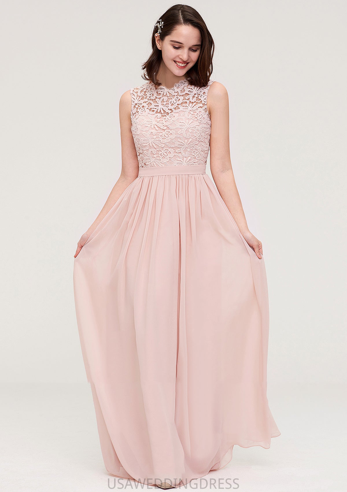 Sleeveless Scalloped Neck Long/Floor-Length Chiffon A-line/Princess Bridesmaid Dresses With Lace Adalynn DSP0025434