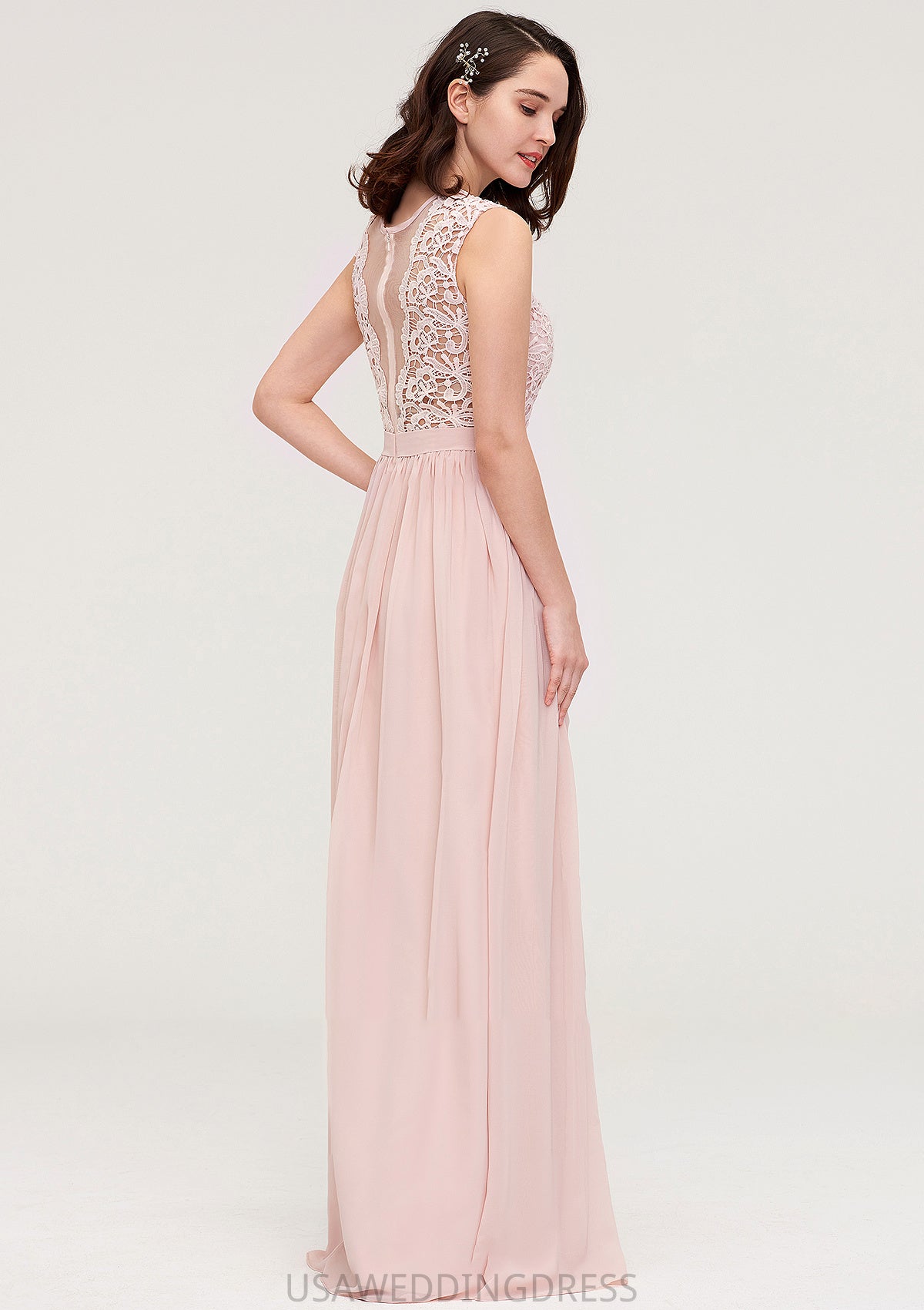 Sleeveless Scalloped Neck Long/Floor-Length Chiffon A-line/Princess Bridesmaid Dresses With Lace Adalynn DSP0025434