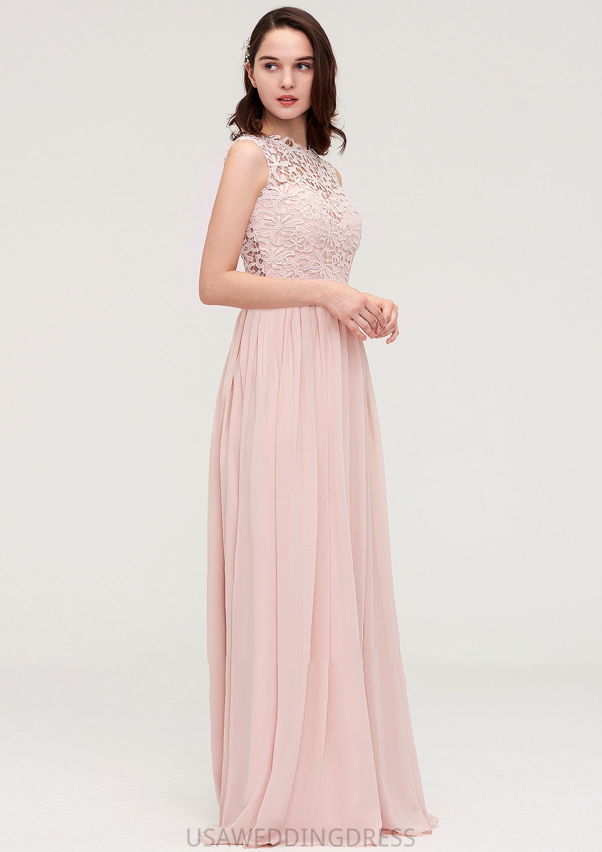 Sleeveless Scalloped Neck Long/Floor-Length Chiffon A-line/Princess Bridesmaid Dresses With Lace Adalynn DSP0025434