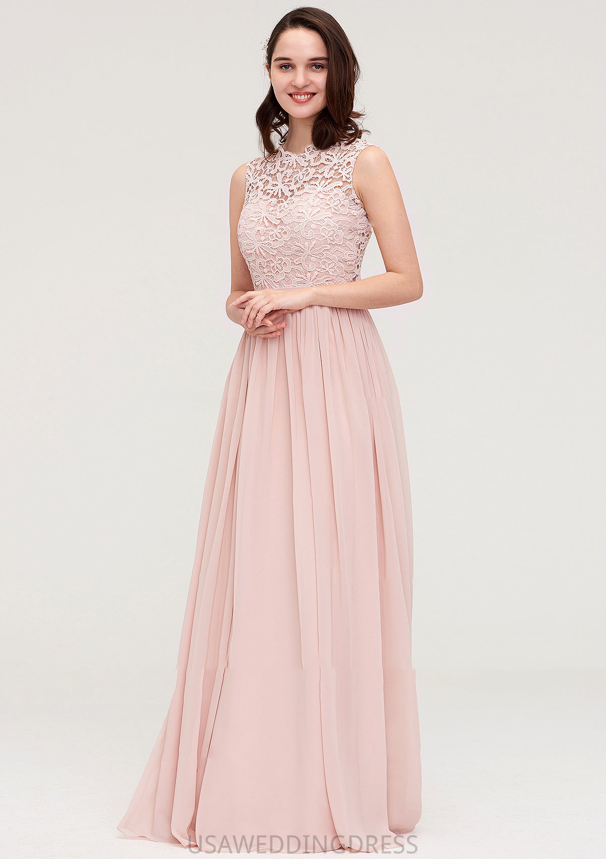 Sleeveless Scalloped Neck Long/Floor-Length Chiffon A-line/Princess Bridesmaid Dresses With Lace Adalynn DSP0025434