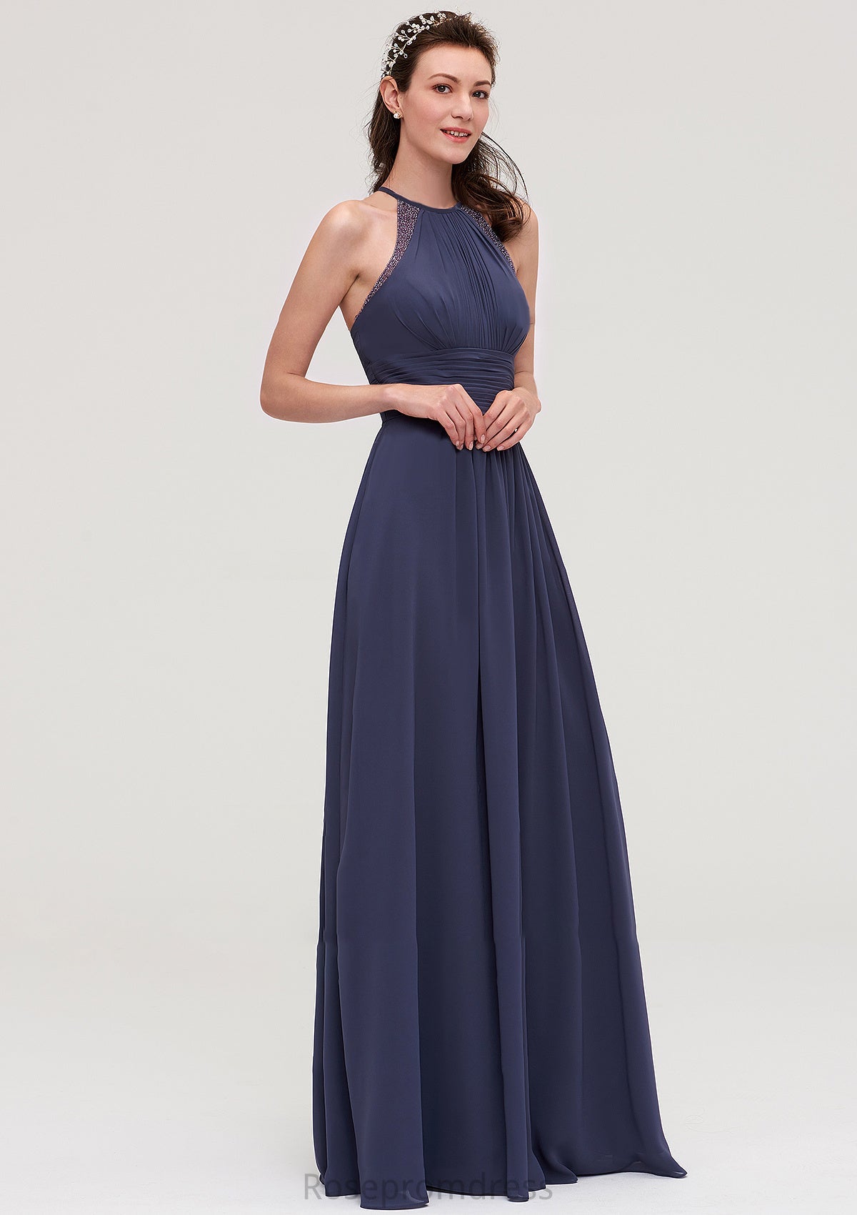 Scoop Neck Sleeveless A-line/Princess Chiffon Long/Floor-Length Bridesmaid Dresseses With Pleated Appliqued Jill SRSP0025439