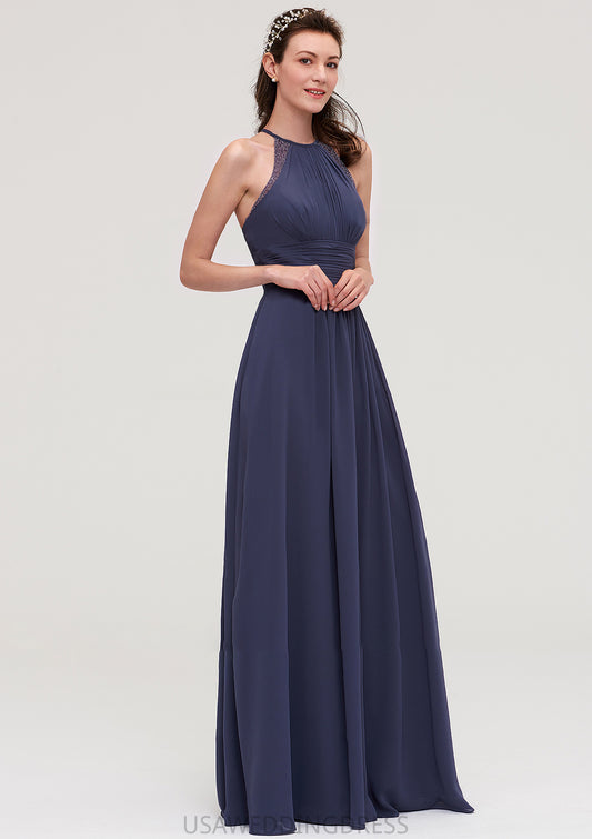 Scoop Neck Sleeveless A-line/Princess Chiffon Long/Floor-Length Bridesmaid Dresseses With Pleated Appliqued Leticia DSP0025439