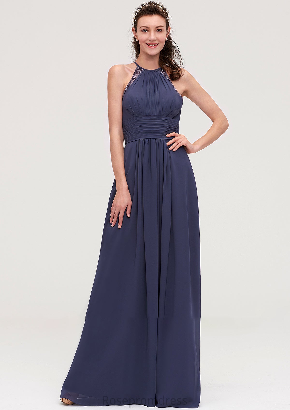 Scoop Neck Sleeveless A-line/Princess Chiffon Long/Floor-Length Bridesmaid Dresseses With Pleated Appliqued Jill SRSP0025439