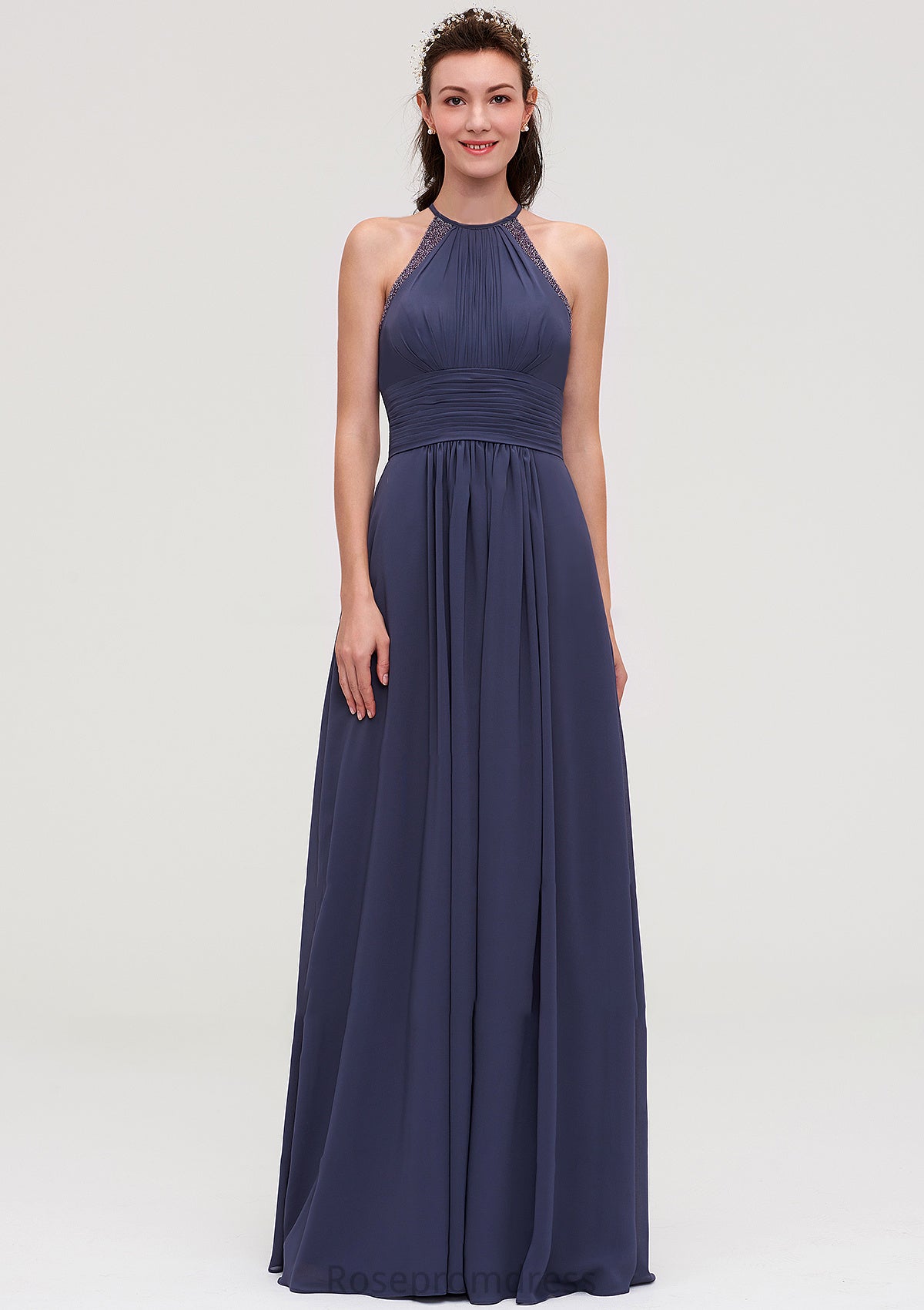 Scoop Neck Sleeveless A-line/Princess Chiffon Long/Floor-Length Bridesmaid Dresseses With Pleated Appliqued Jill SRSP0025439