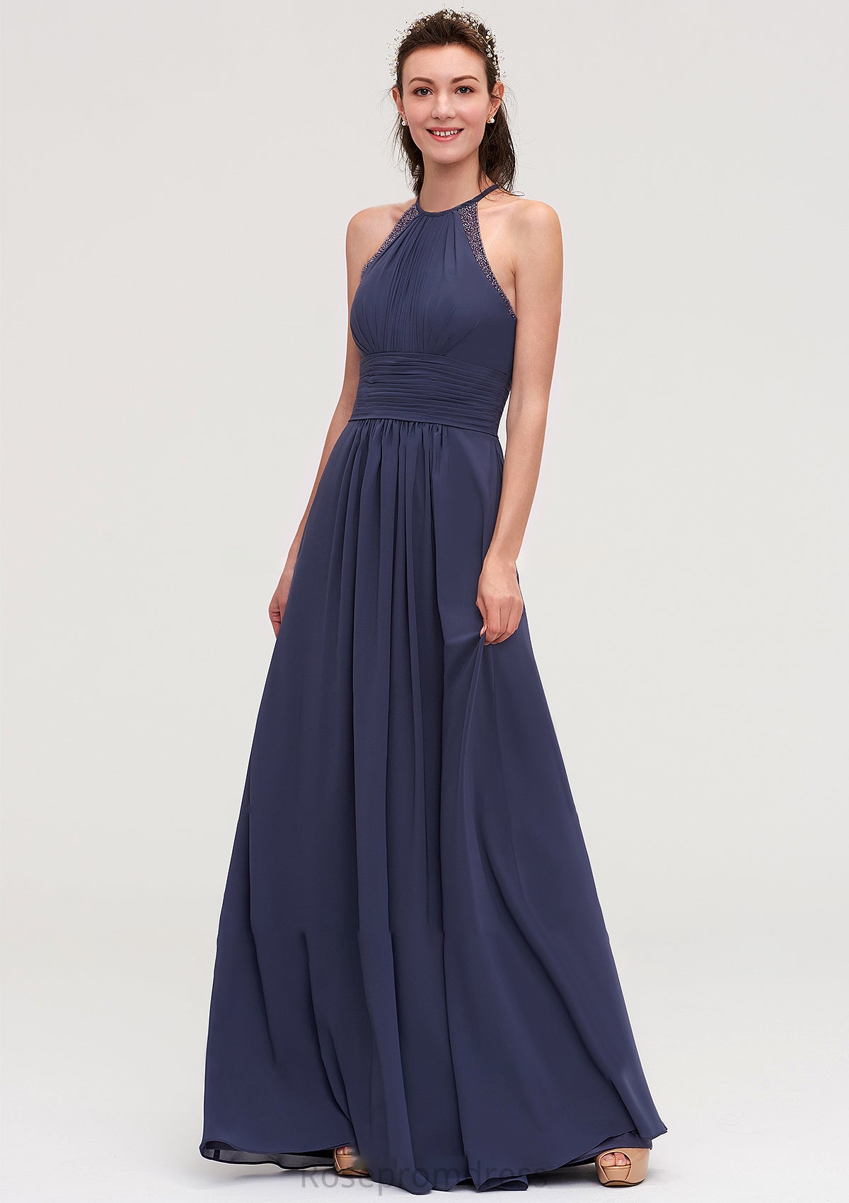 Scoop Neck Sleeveless A-line/Princess Chiffon Long/Floor-Length Bridesmaid Dresseses With Pleated Appliqued Jill SRSP0025439