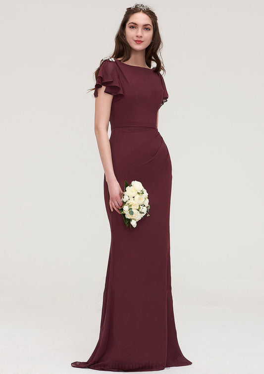 Short Sleeve Bateau Long/Floor-Length Sheath/Column Chiffon Bridesmaid Dresses With Crystal Detailing Sashes Adrianna SRSP0025440