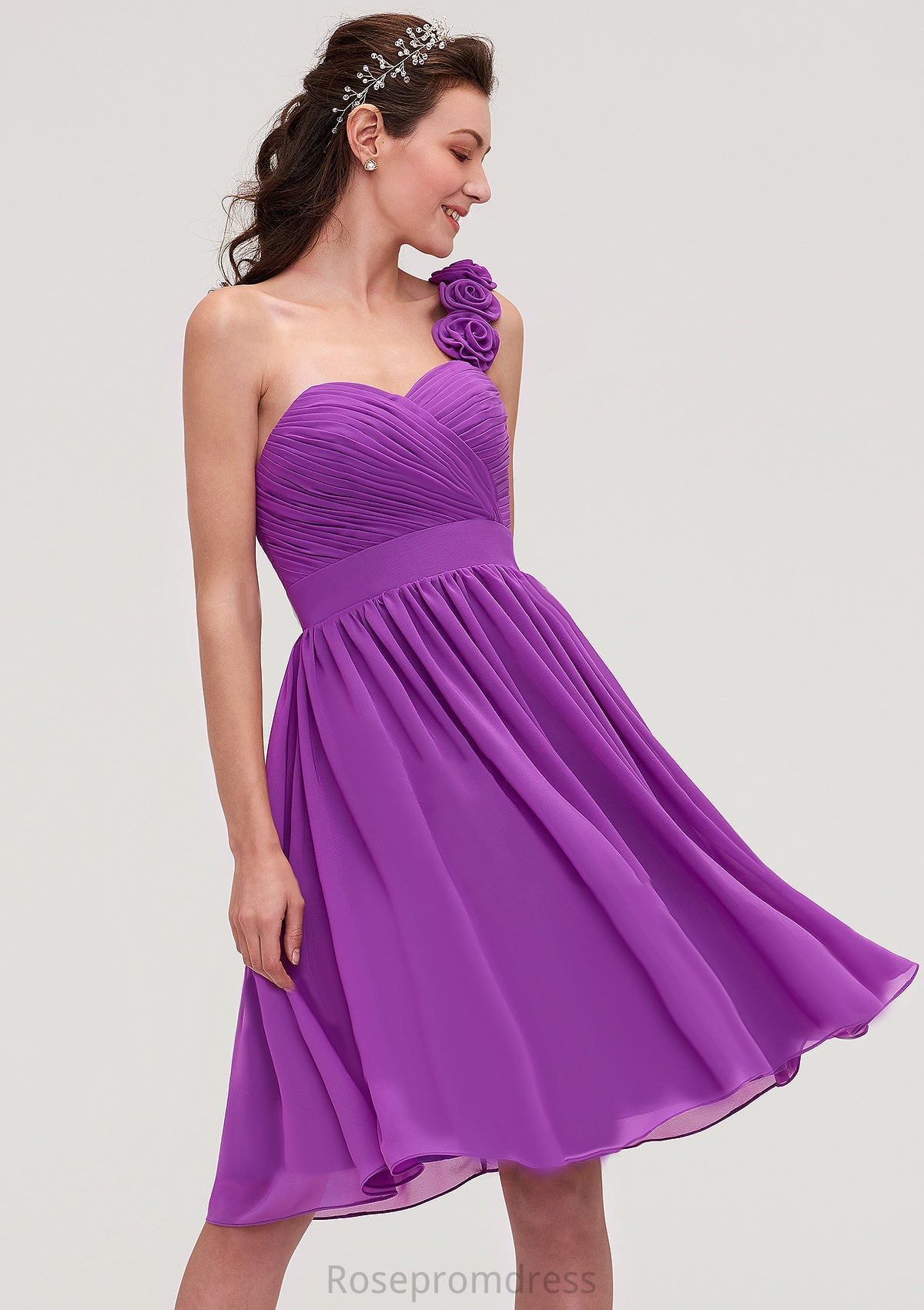 One-Shoulder Sleeveless Knee-Length Chiffon A-line/Princess Bridesmaid Dresseses With Pleated Flowers Callie SRSP0025441