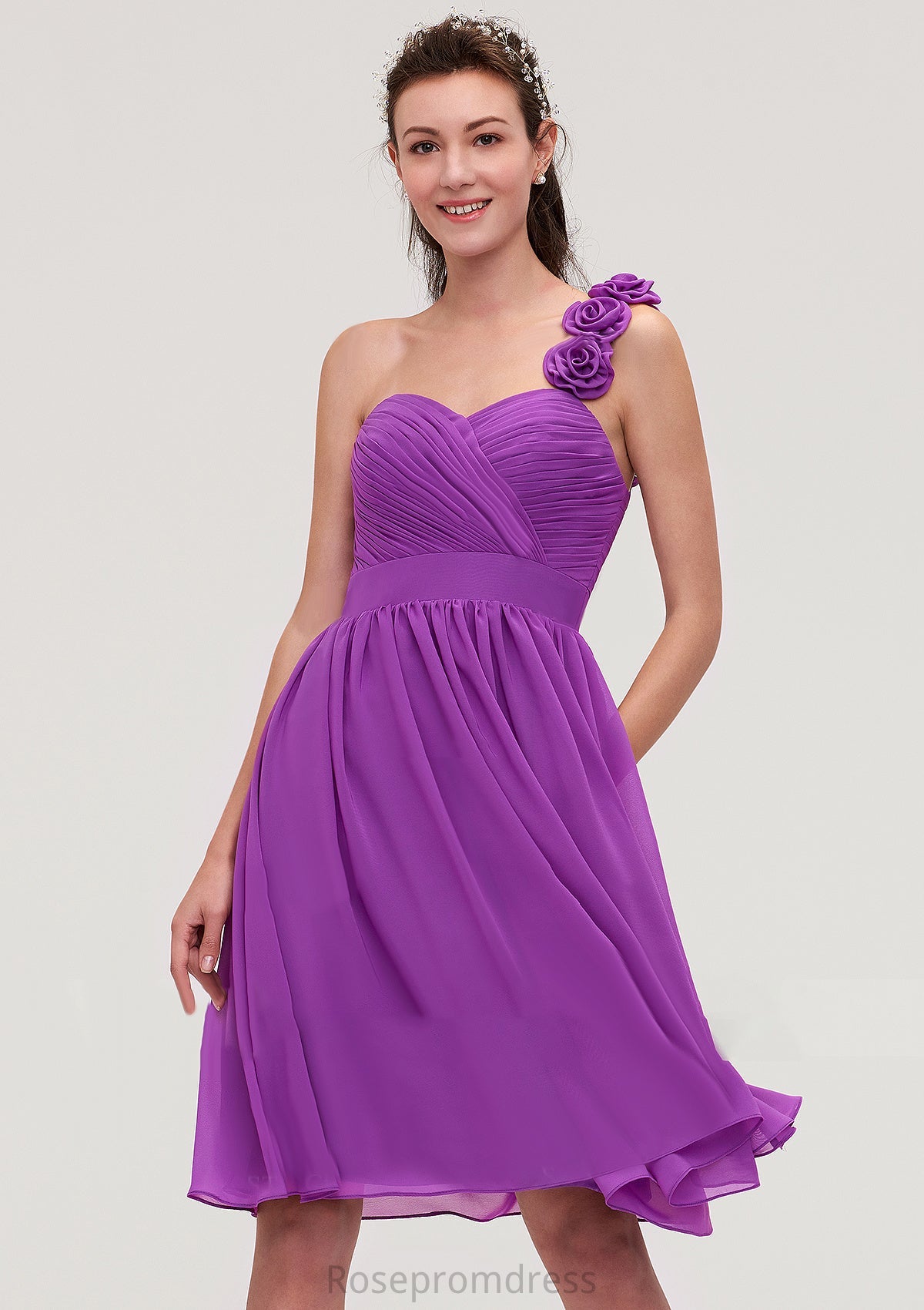 One-Shoulder Sleeveless Knee-Length Chiffon A-line/Princess Bridesmaid Dresseses With Pleated Flowers Callie SRSP0025441