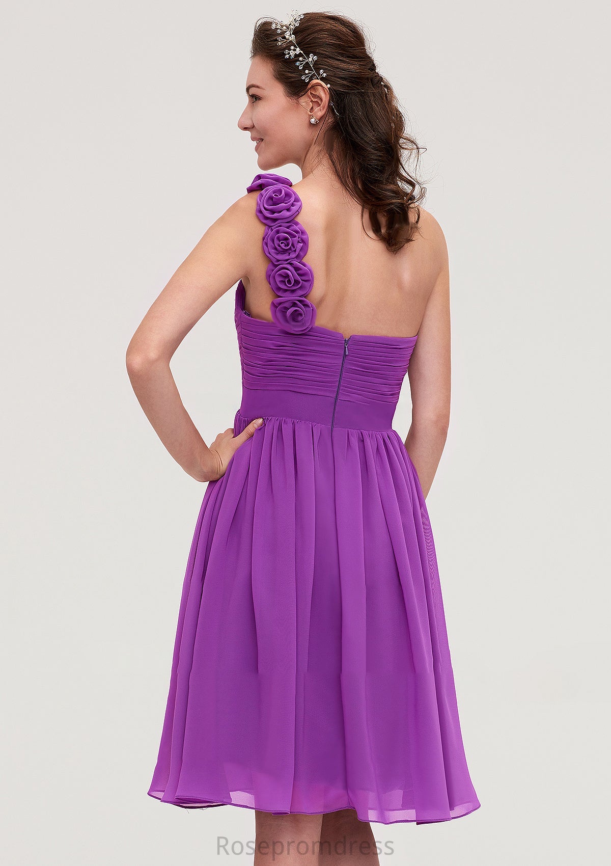 One-Shoulder Sleeveless Knee-Length Chiffon A-line/Princess Bridesmaid Dresseses With Pleated Flowers Callie SRSP0025441