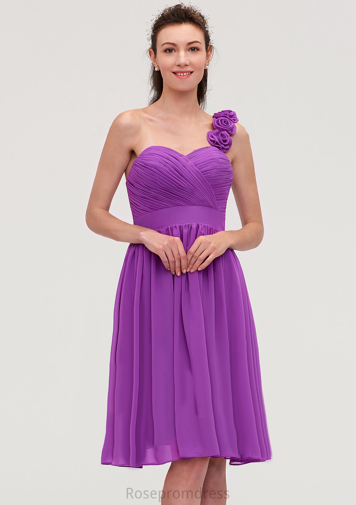 One-Shoulder Sleeveless Knee-Length Chiffon A-line/Princess Bridesmaid Dresseses With Pleated Flowers Callie SRSP0025441