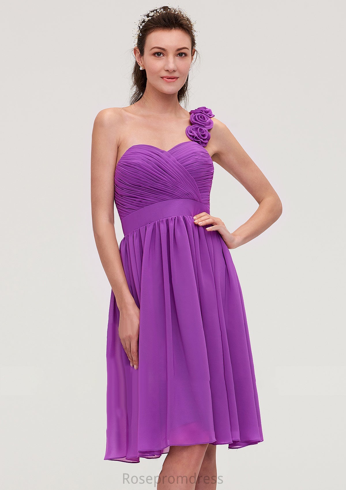 One-Shoulder Sleeveless Knee-Length Chiffon A-line/Princess Bridesmaid Dresseses With Pleated Flowers Callie SRSP0025441