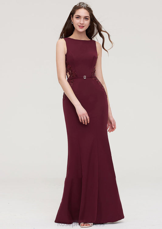 Bateau Sleeveless Sheath/Column Long/Floor-Length Elastic Satin Bridesmaid Dresses With Waistband Lace Sequins Aaliyah SRSP0025443