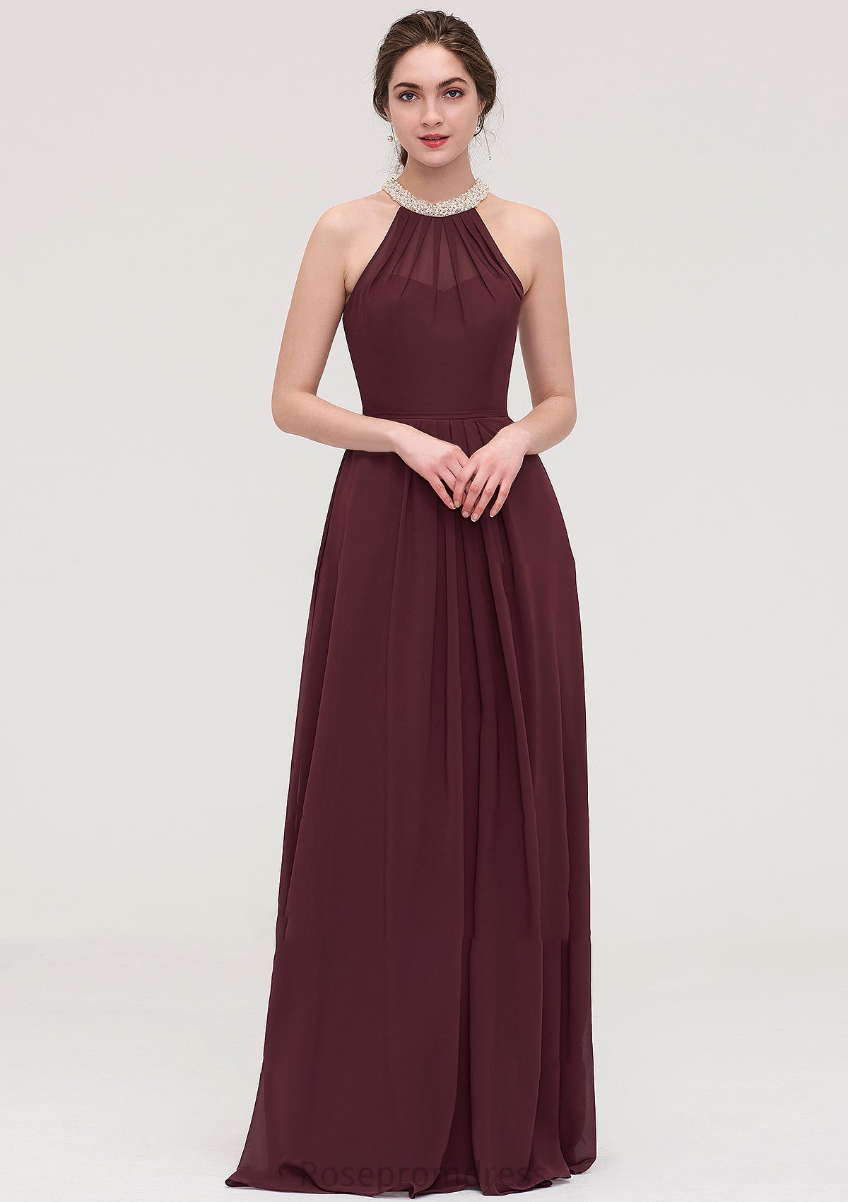 Sleeveless Halter Long/Floor-Length Chiffon A-line/Princess Bridesmaid Dresses With Beading Pleated Gwendoline SRSP0025445