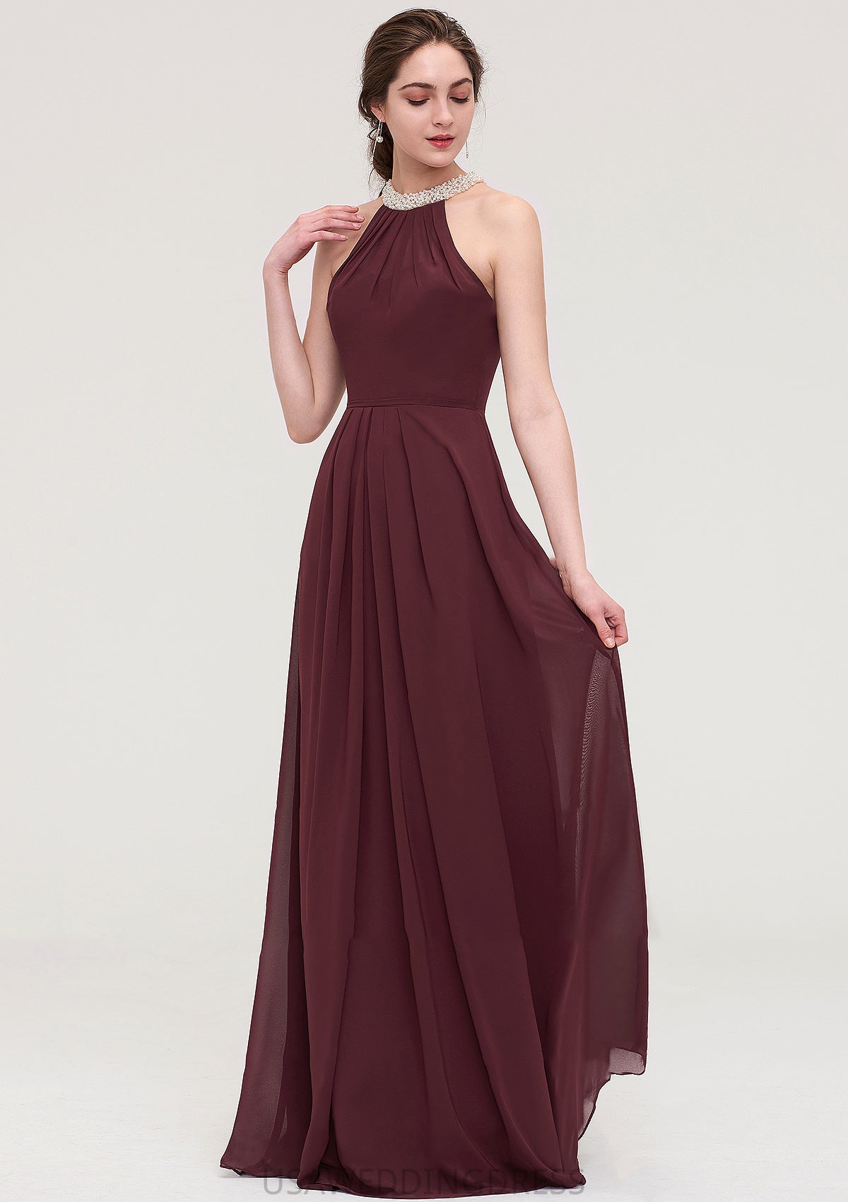 Sleeveless Halter Long/Floor-Length Chiffon A-line/Princess Bridesmaid Dresses With Beading Pleated America DSP0025445