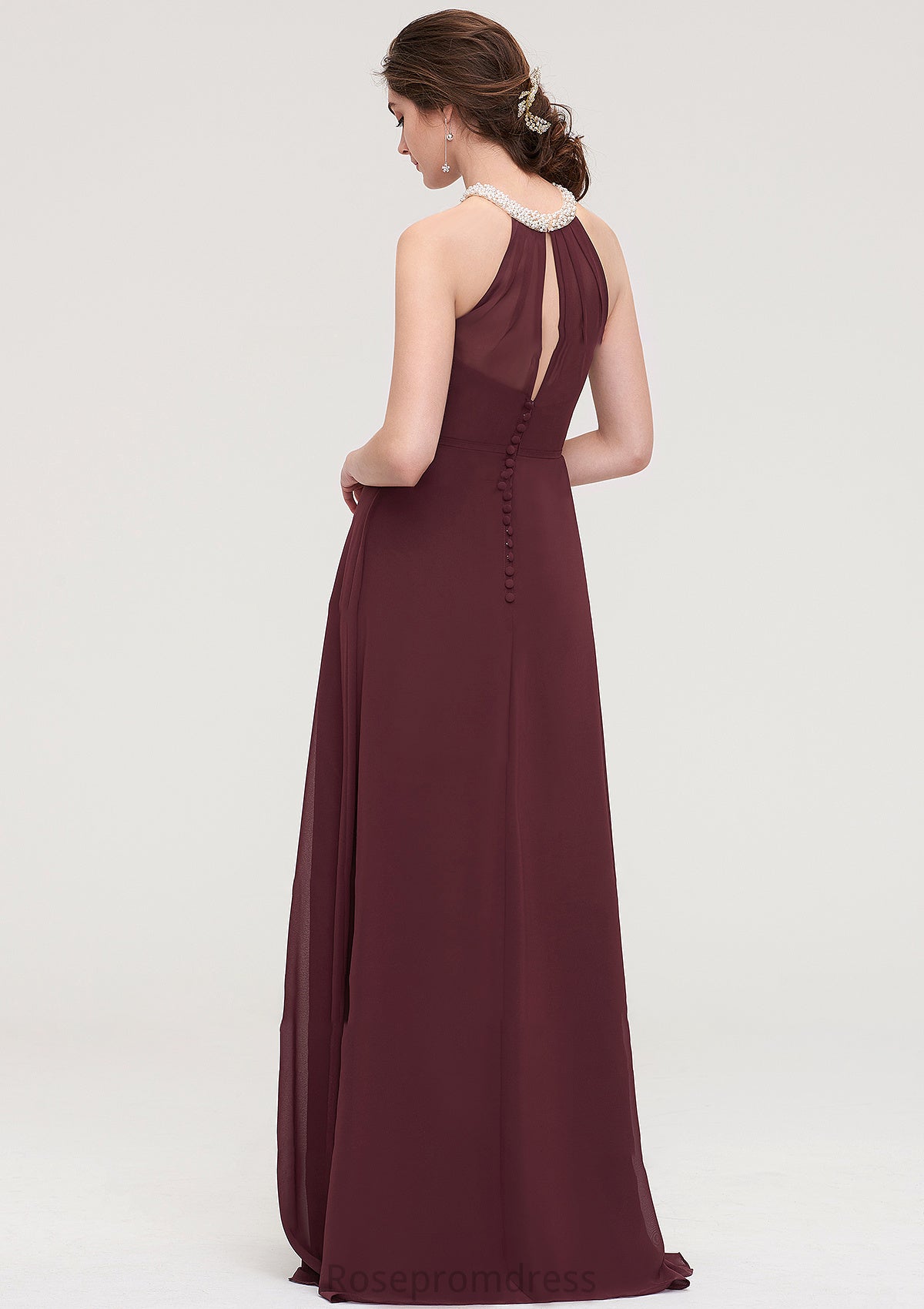 Sleeveless Halter Long/Floor-Length Chiffon A-line/Princess Bridesmaid Dresses With Beading Pleated Gwendoline SRSP0025445