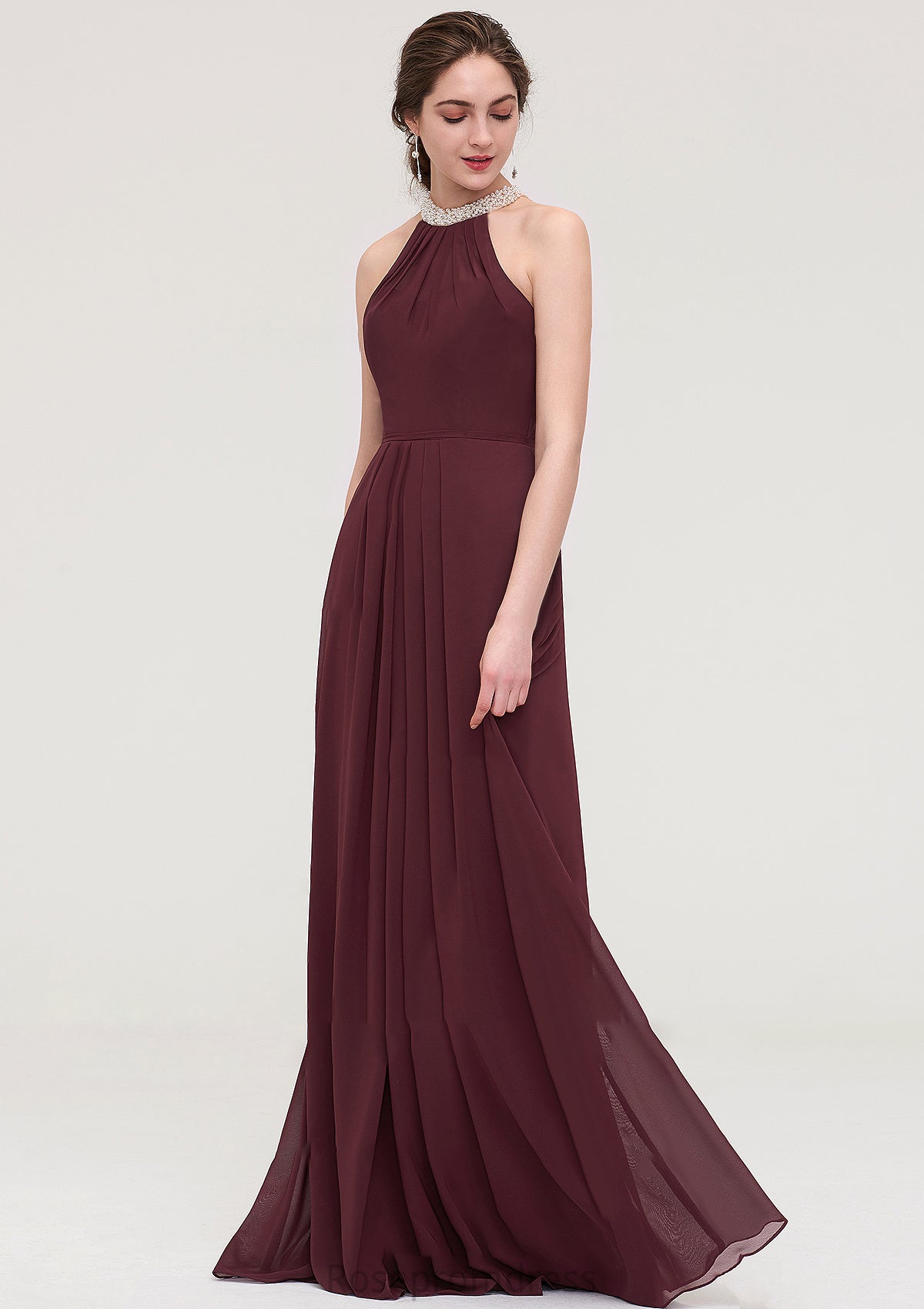 Sleeveless Halter Long/Floor-Length Chiffon A-line/Princess Bridesmaid Dresses With Beading Pleated Gwendoline SRSP0025445