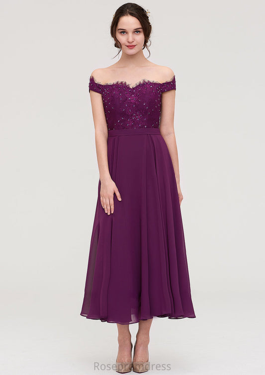 Off-the-Shoulder Sleeveless Tea-Length Chiffon A-line/Princess Bridesmaid Dresses With Lace Beading Riya SRSP0025446