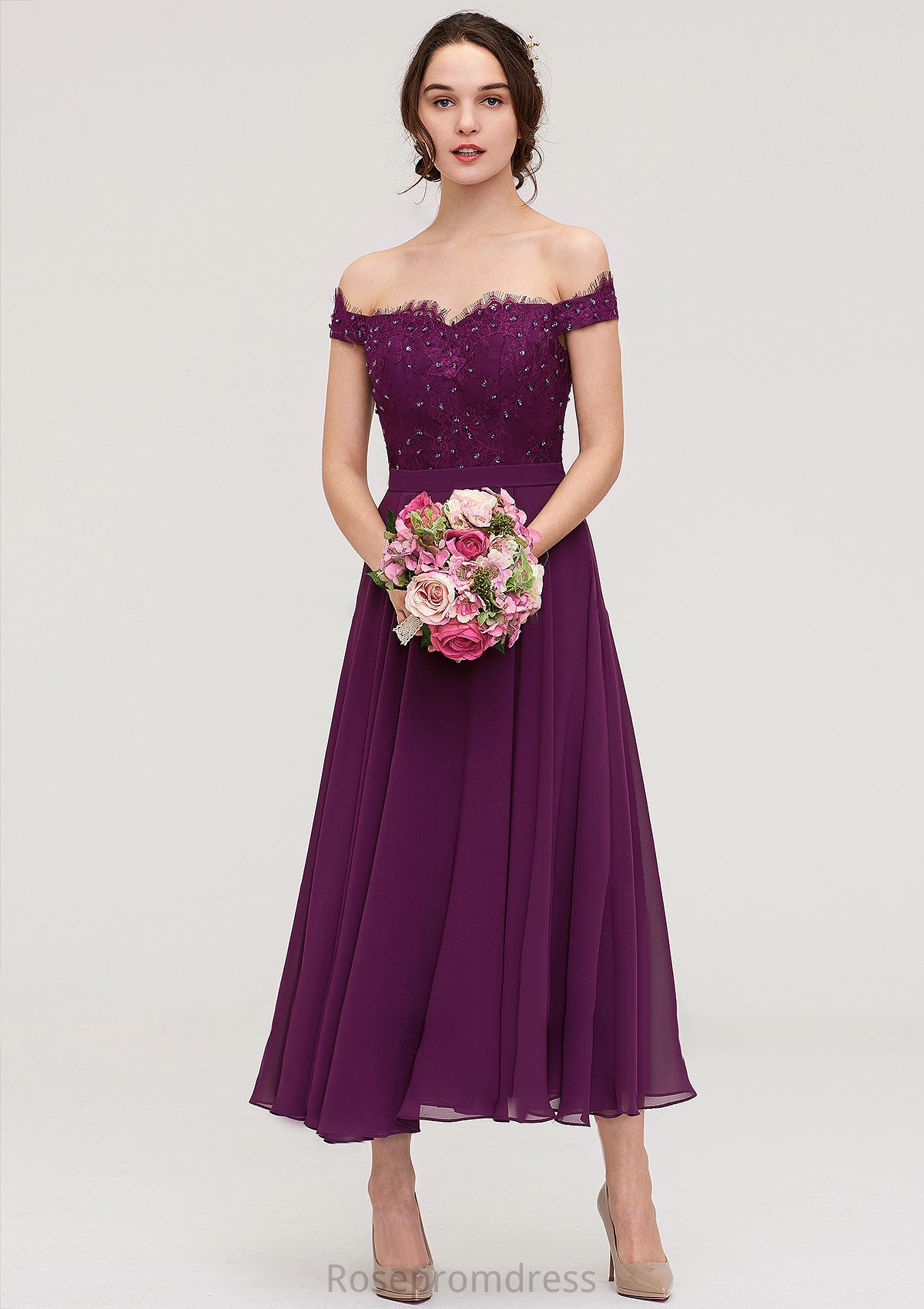 Off-the-Shoulder Sleeveless Tea-Length Chiffon A-line/Princess Bridesmaid Dresses With Lace Beading Riya SRSP0025446