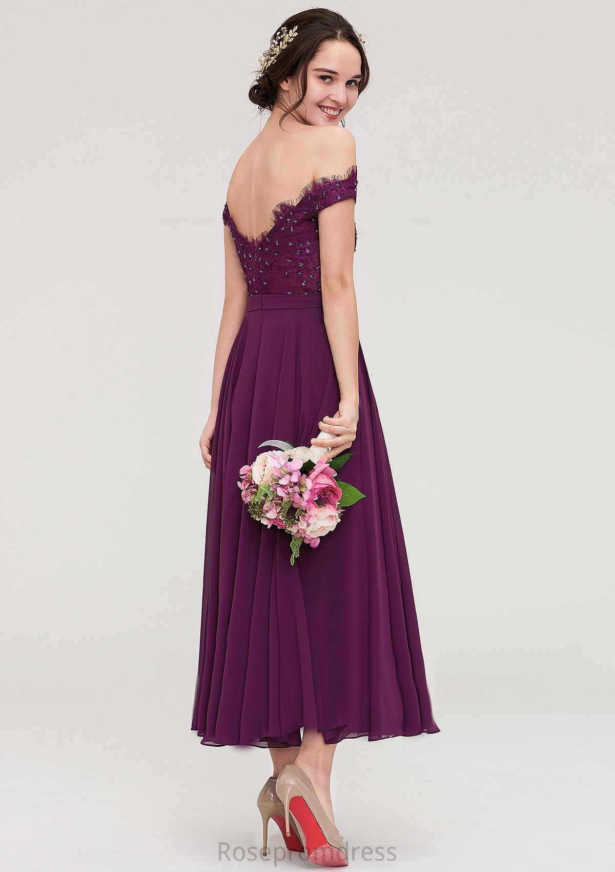 Off-the-Shoulder Sleeveless Tea-Length Chiffon A-line/Princess Bridesmaid Dresses With Lace Beading Riya SRSP0025446