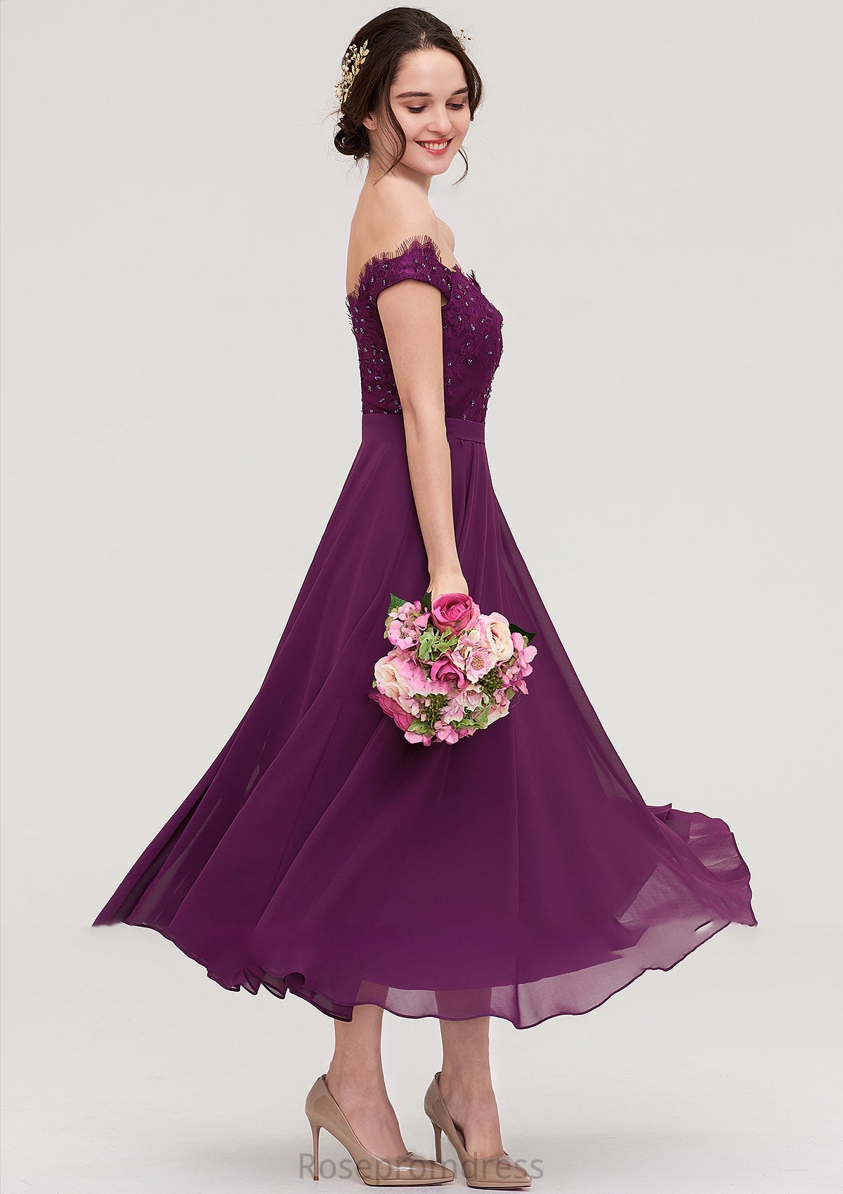 Off-the-Shoulder Sleeveless Tea-Length Chiffon A-line/Princess Bridesmaid Dresses With Lace Beading Riya SRSP0025446