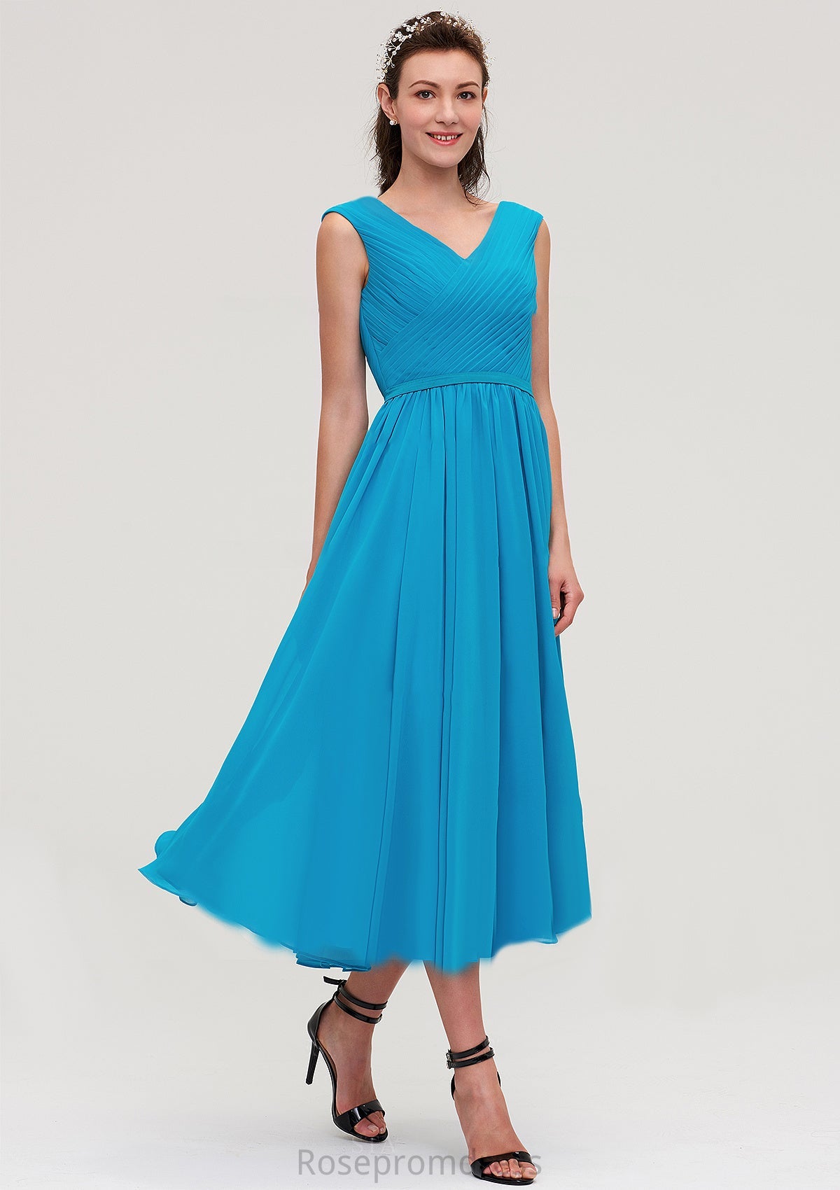 Sleeveless V Neck Tea-Length Chiffon A-line/Princess Bridesmaid Dresseses With Pleated Ali SRSP0025448