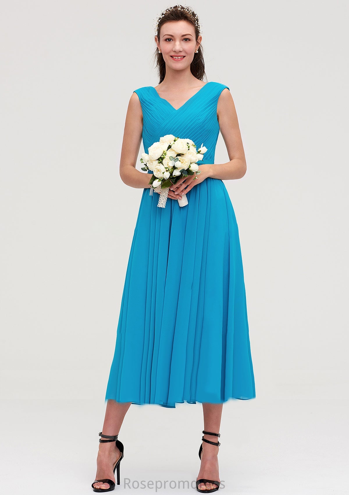 Sleeveless V Neck Tea-Length Chiffon A-line/Princess Bridesmaid Dresseses With Pleated Ali SRSP0025448