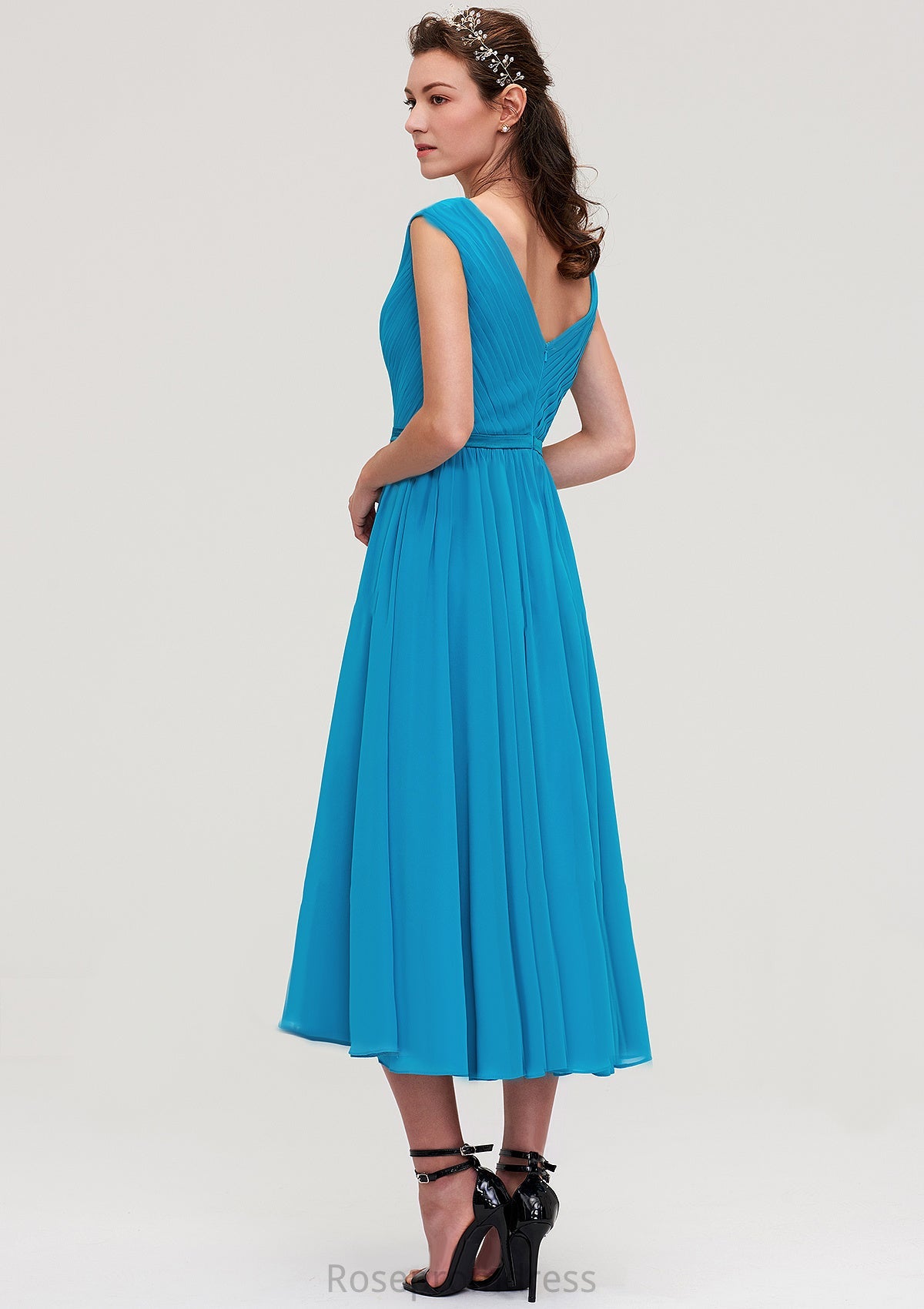 Sleeveless V Neck Tea-Length Chiffon A-line/Princess Bridesmaid Dresseses With Pleated Ali SRSP0025448