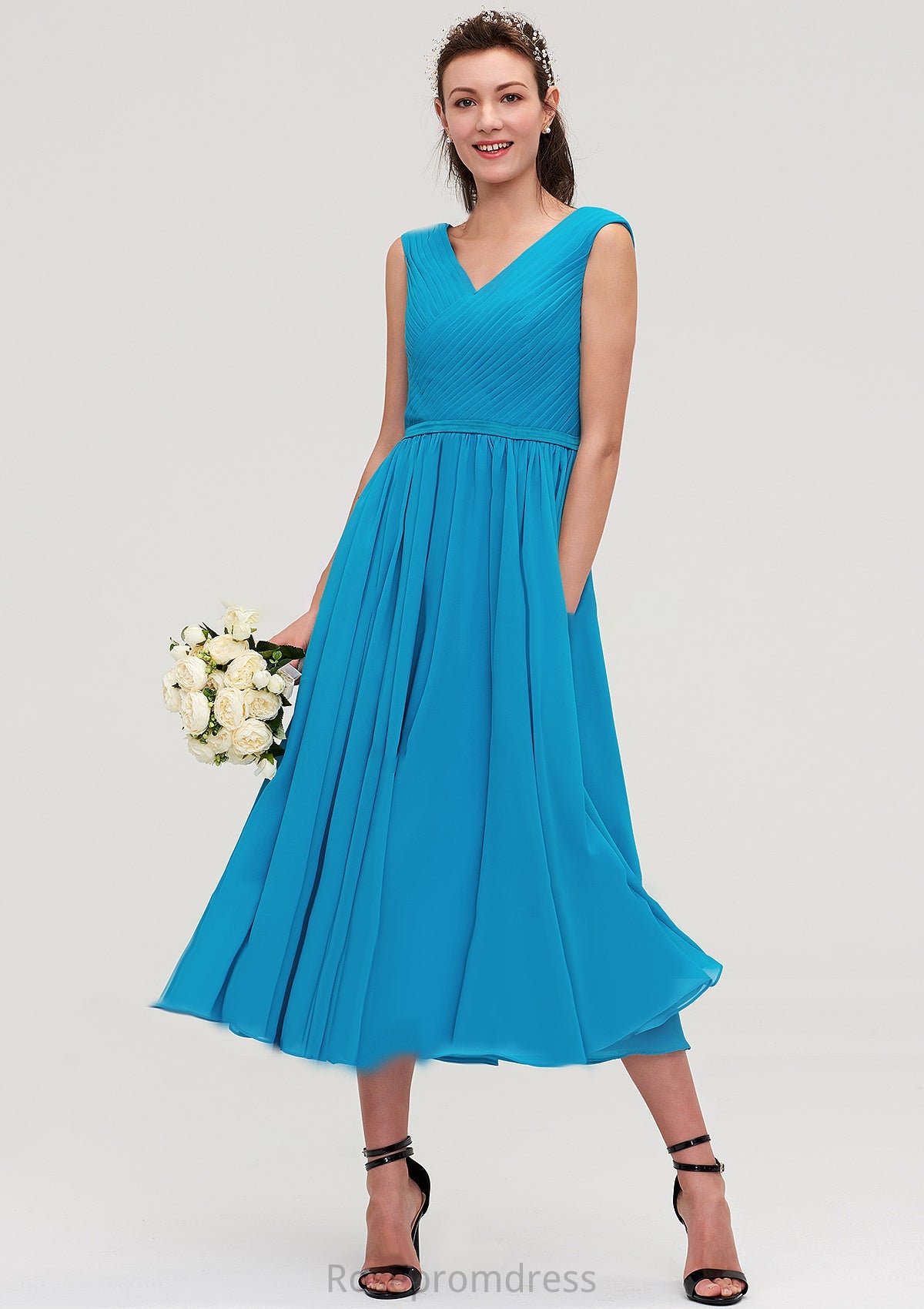 Sleeveless V Neck Tea-Length Chiffon A-line/Princess Bridesmaid Dresseses With Pleated Ali SRSP0025448