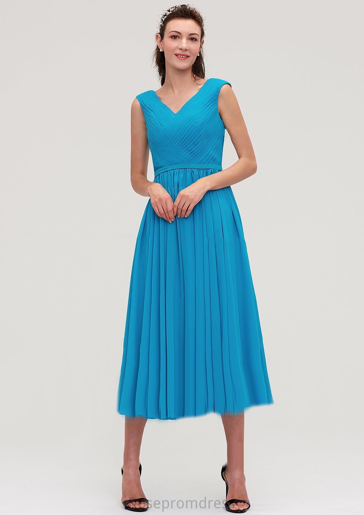 Sleeveless V Neck Tea-Length Chiffon A-line/Princess Bridesmaid Dresseses With Pleated Ali SRSP0025448