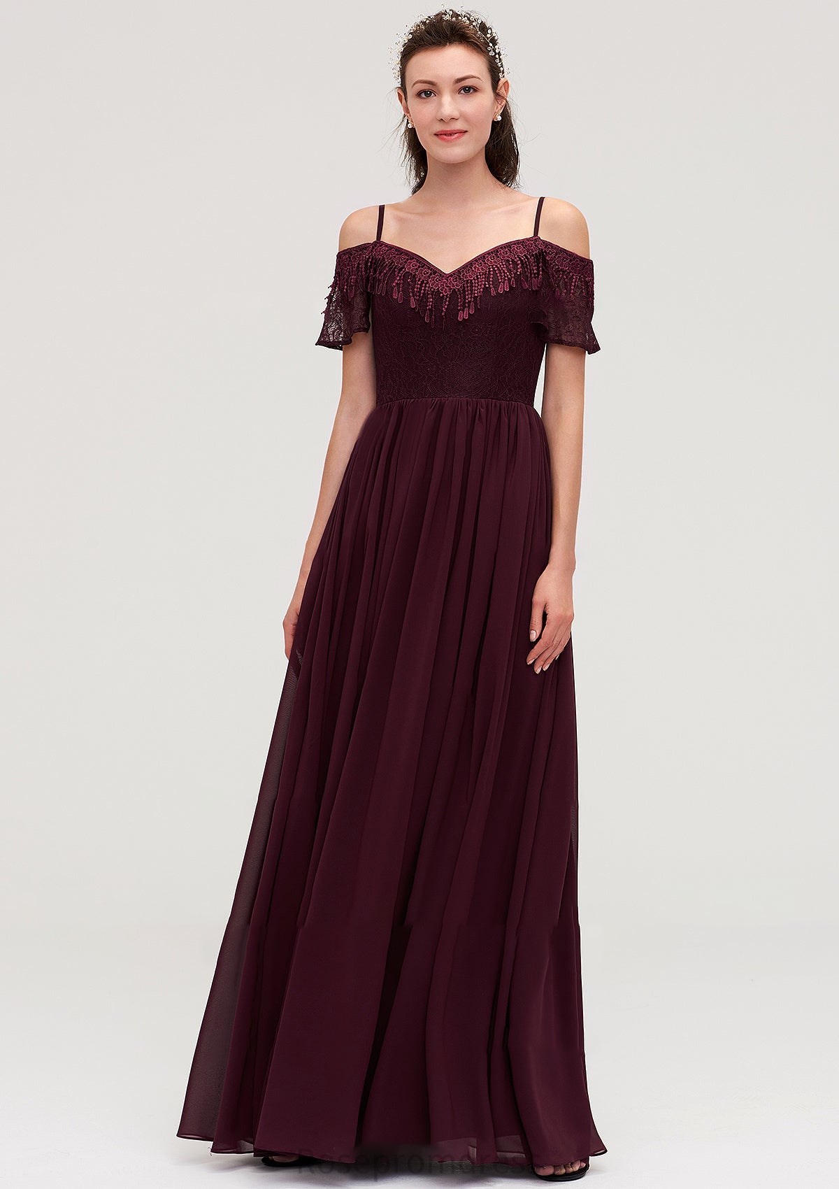 Off-the-Shoulder Sleeveless Chiffon A-line/Princess Long/Floor-Length Bridesmaid Dresseses With Lace Vicky SRSP0025449