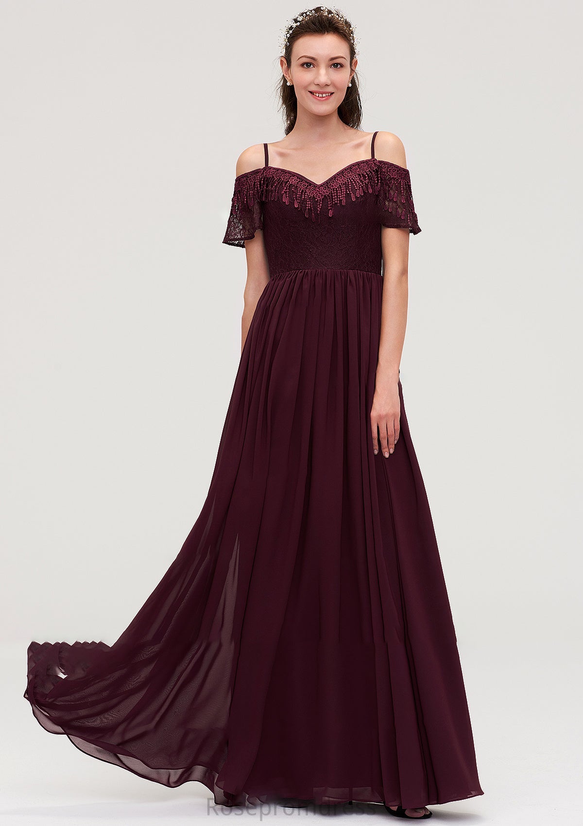 Off-the-Shoulder Sleeveless Chiffon A-line/Princess Long/Floor-Length Bridesmaid Dresseses With Lace Vicky SRSP0025449