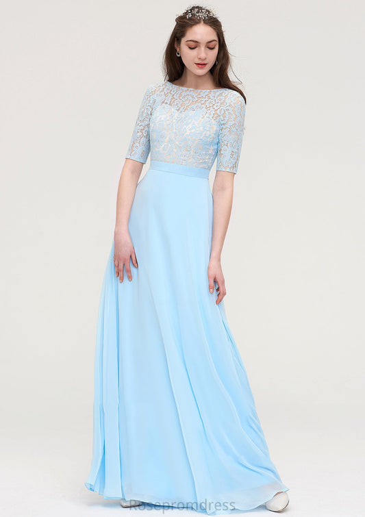 Half Sleeve Long/Floor-Length Bateau Chiffon A-line/Princess Bridesmaid Dresses With Lace Lesly SRSP0025450