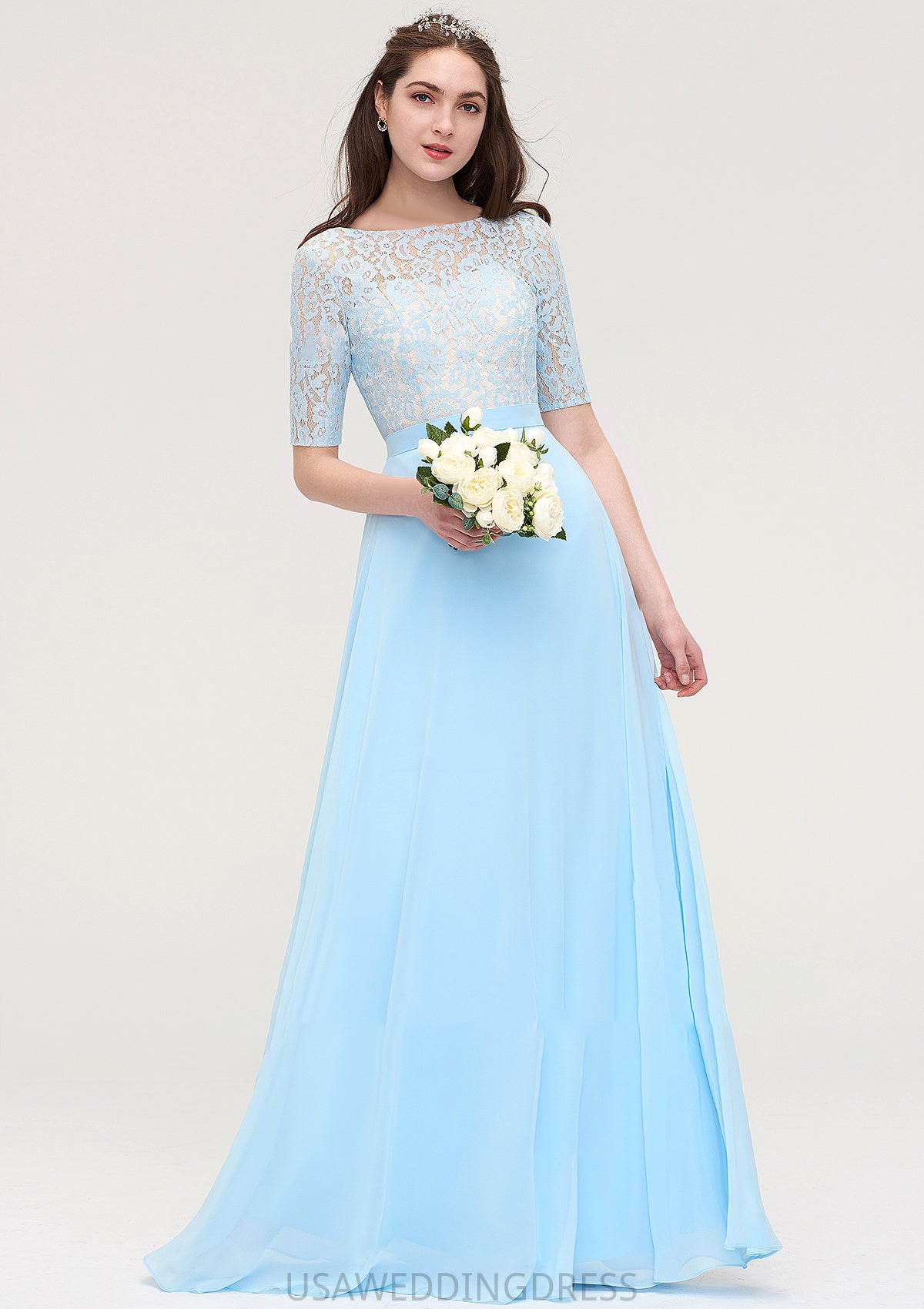 Half Sleeve Long/Floor-Length Bateau Chiffon A-line/Princess Bridesmaid Dresses With Lace Vivien DSP0025450