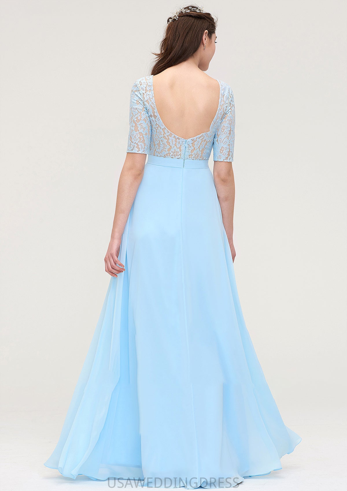 Half Sleeve Long/Floor-Length Bateau Chiffon A-line/Princess Bridesmaid Dresses With Lace Vivien DSP0025450