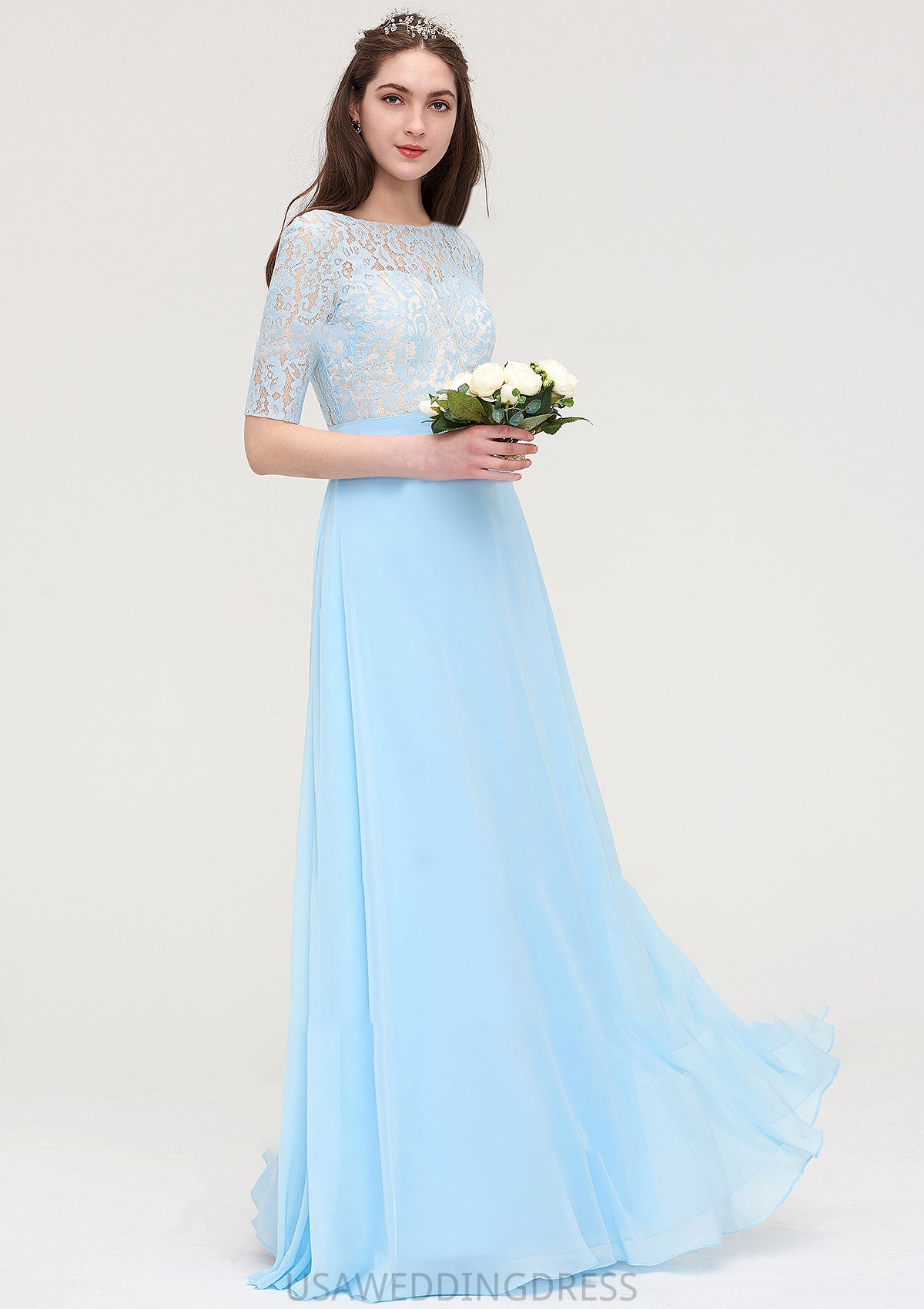 Half Sleeve Long/Floor-Length Bateau Chiffon A-line/Princess Bridesmaid Dresses With Lace Vivien DSP0025450