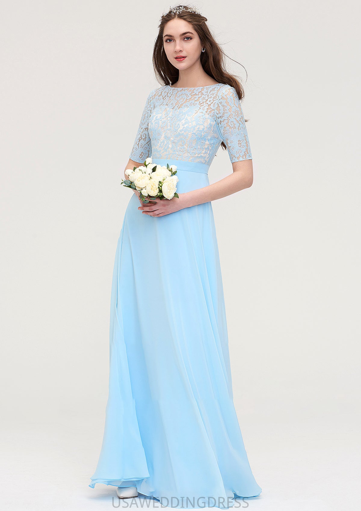 Half Sleeve Long/Floor-Length Bateau Chiffon A-line/Princess Bridesmaid Dresses With Lace Vivien DSP0025450