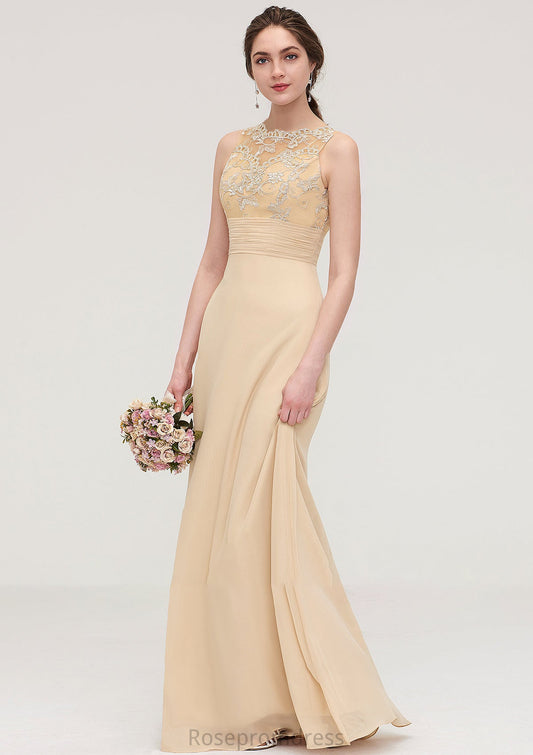 Sleeveless Halter Open Back Long/Floor-Length Sheath/Column Chiffon Bridesmaid Dresses With Pleated Lace Jode SRSP0025451