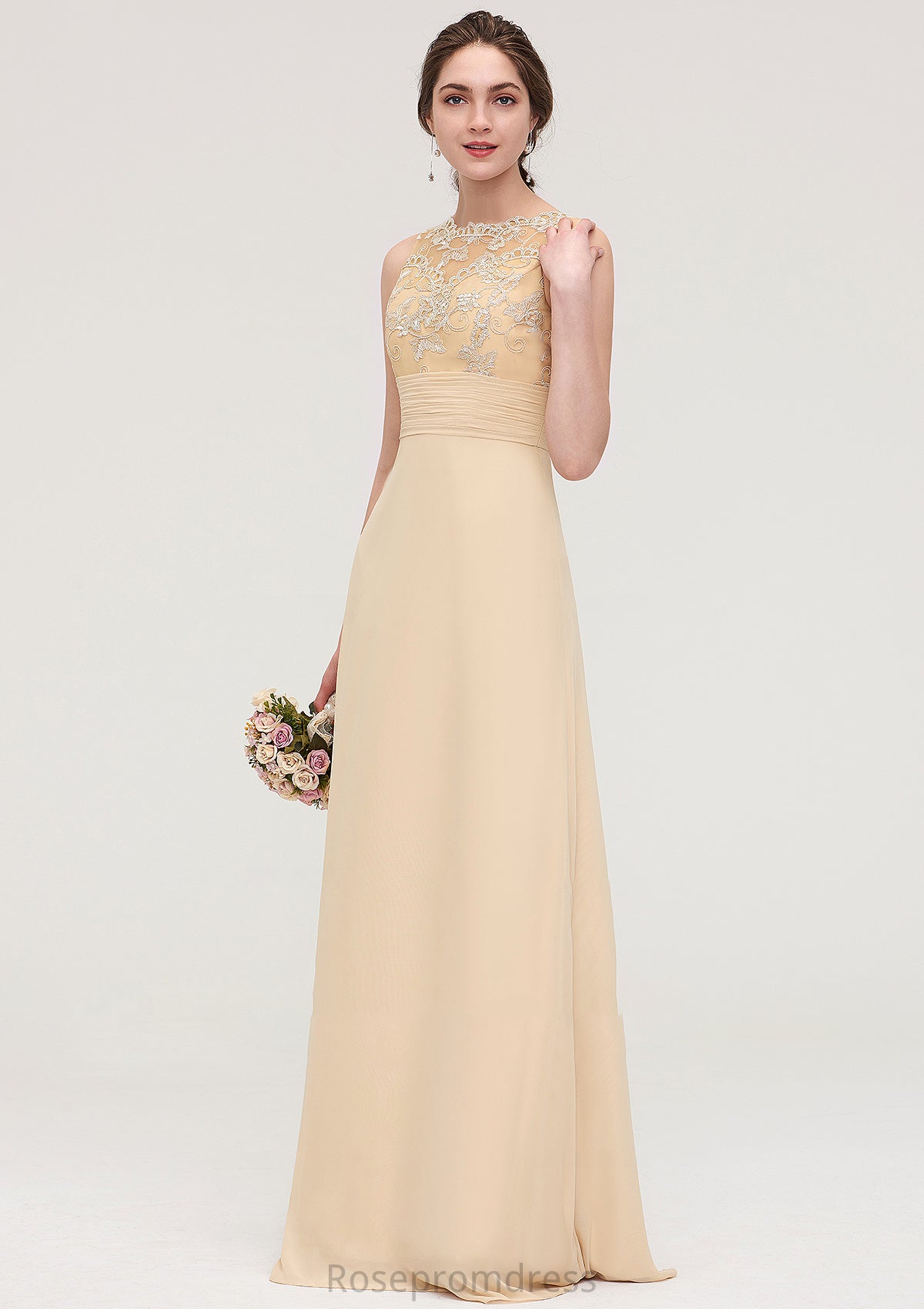 Sleeveless Halter Open Back Long/Floor-Length Sheath/Column Chiffon Bridesmaid Dresses With Pleated Lace Jode SRSP0025451