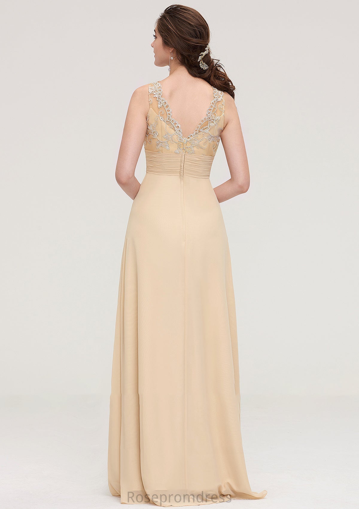 Sleeveless Halter Open Back Long/Floor-Length Sheath/Column Chiffon Bridesmaid Dresses With Pleated Lace Jode SRSP0025451