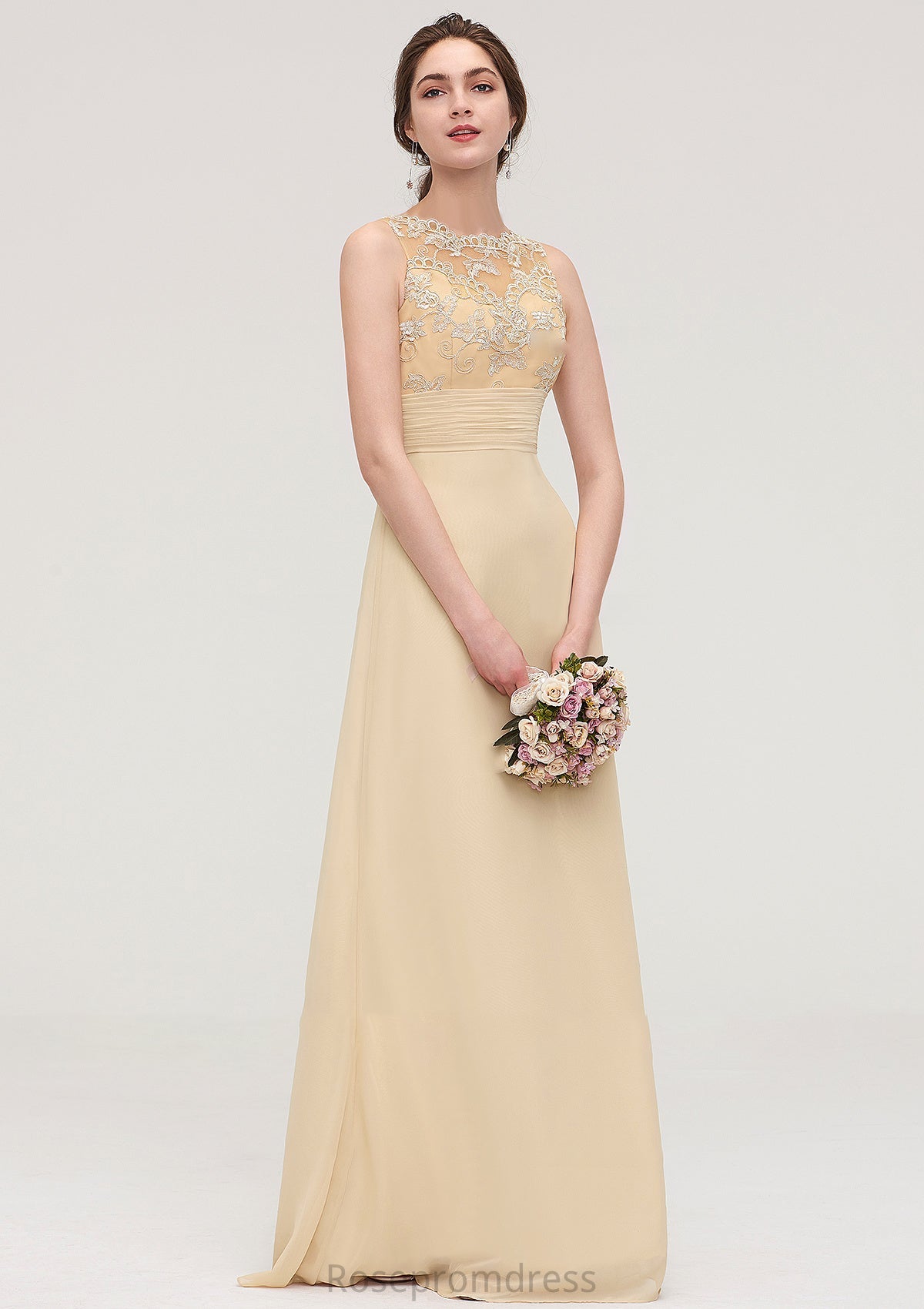 Sleeveless Halter Open Back Long/Floor-Length Sheath/Column Chiffon Bridesmaid Dresses With Pleated Lace Jode SRSP0025451