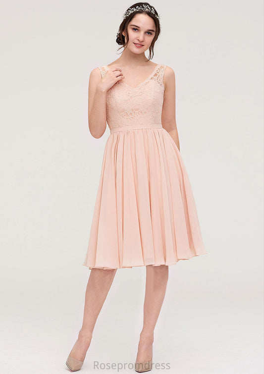 Sleeveless V Neck A-line/Princess Chiffon Knee-Length Bridesmaid Dresses With Lace Thelma SRSP0025453