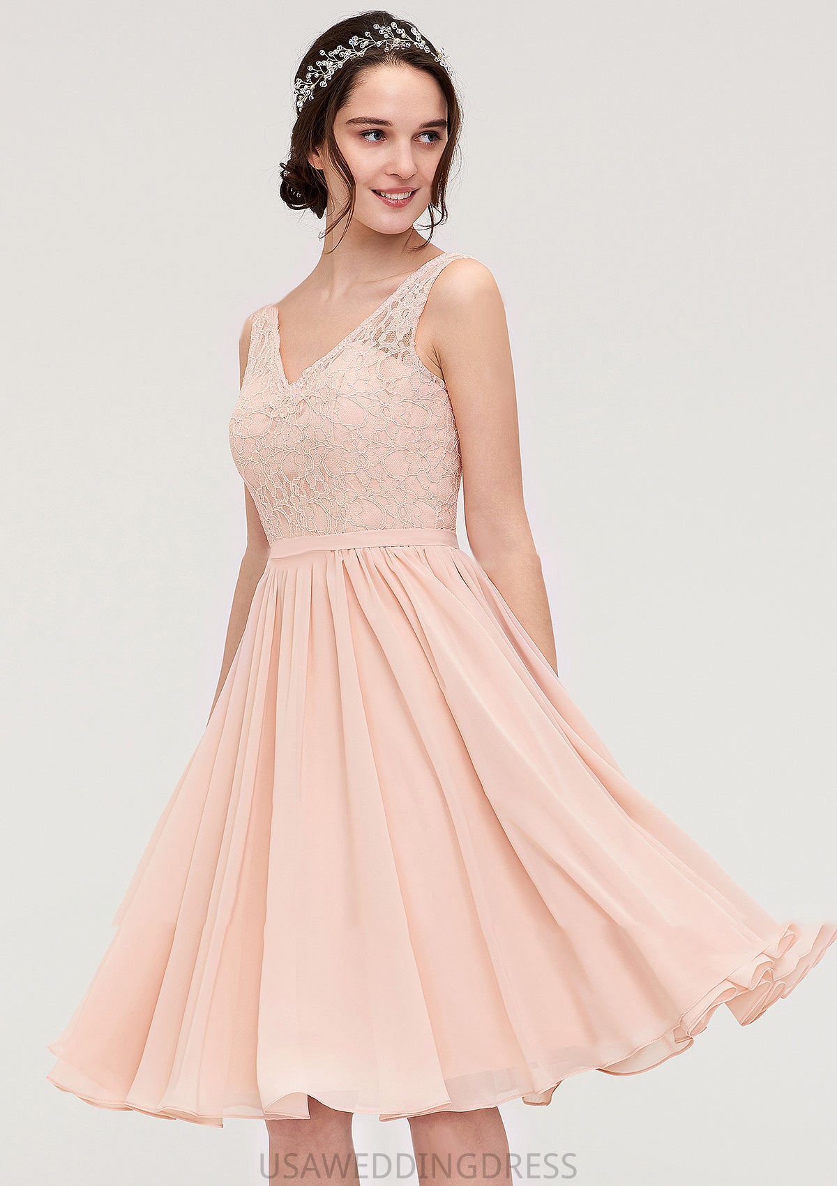 Sleeveless V Neck A-line/Princess Chiffon Knee-Length Bridesmaid Dresses With Lace Elvira DSP0025453