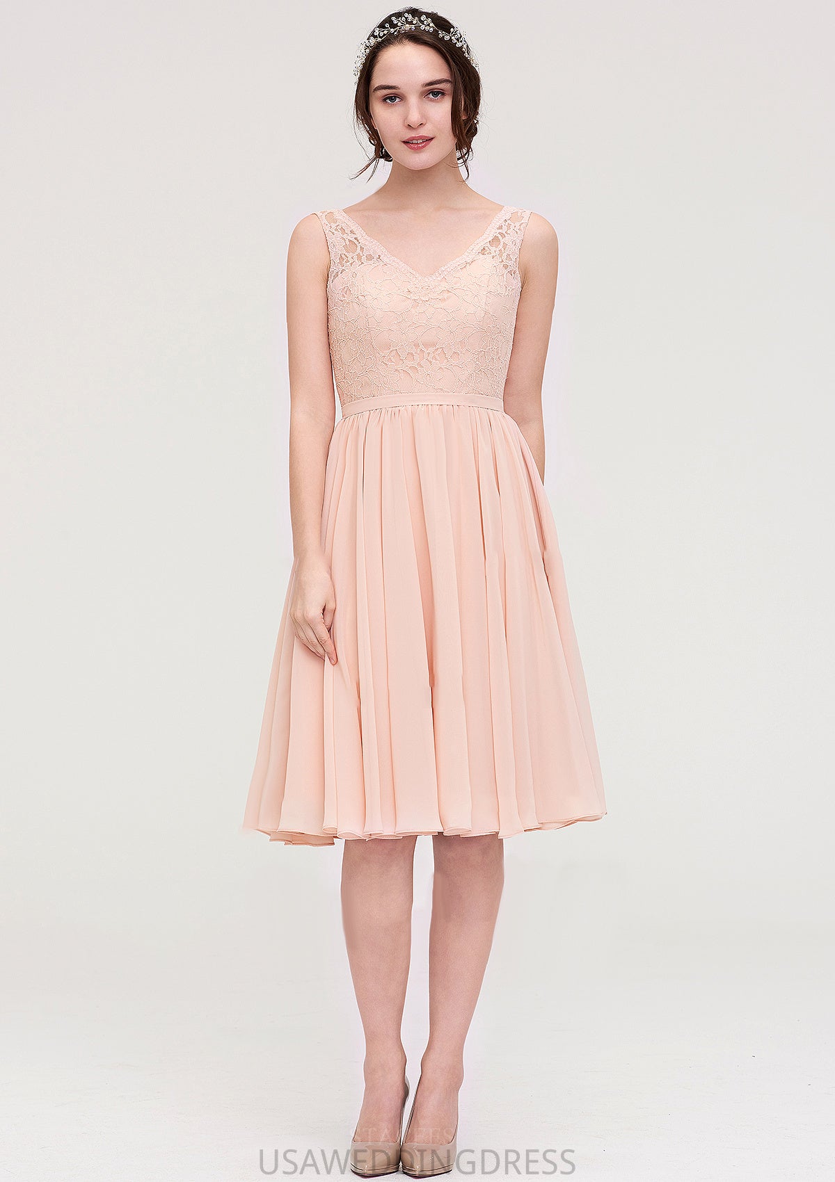 Sleeveless V Neck A-line/Princess Chiffon Knee-Length Bridesmaid Dresses With Lace Elvira DSP0025453