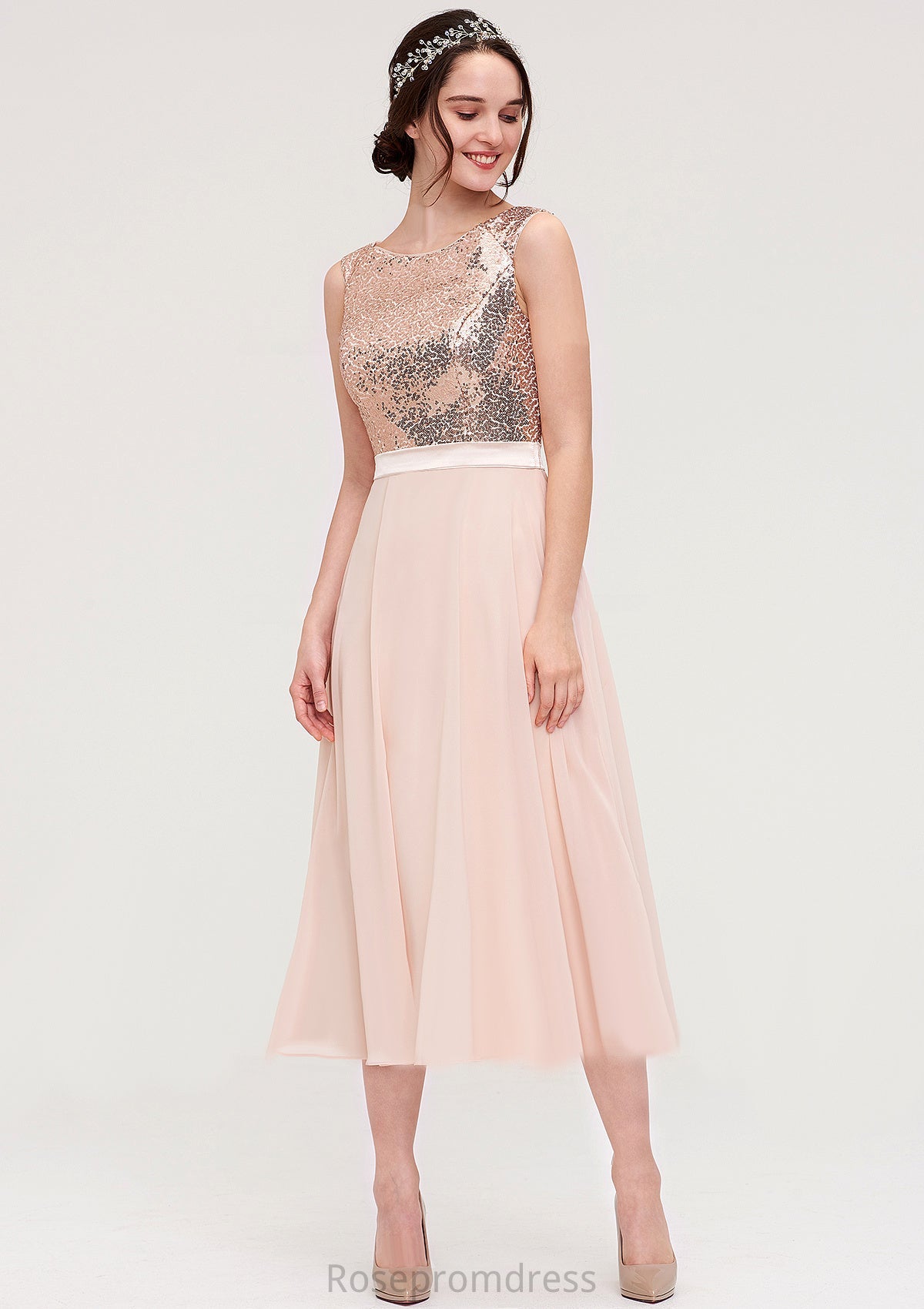 Sleeveless Bateau Chiffon A-line/Princess Bridesmaid Dresses With Sashes Sequins Mylee SRSP0025454