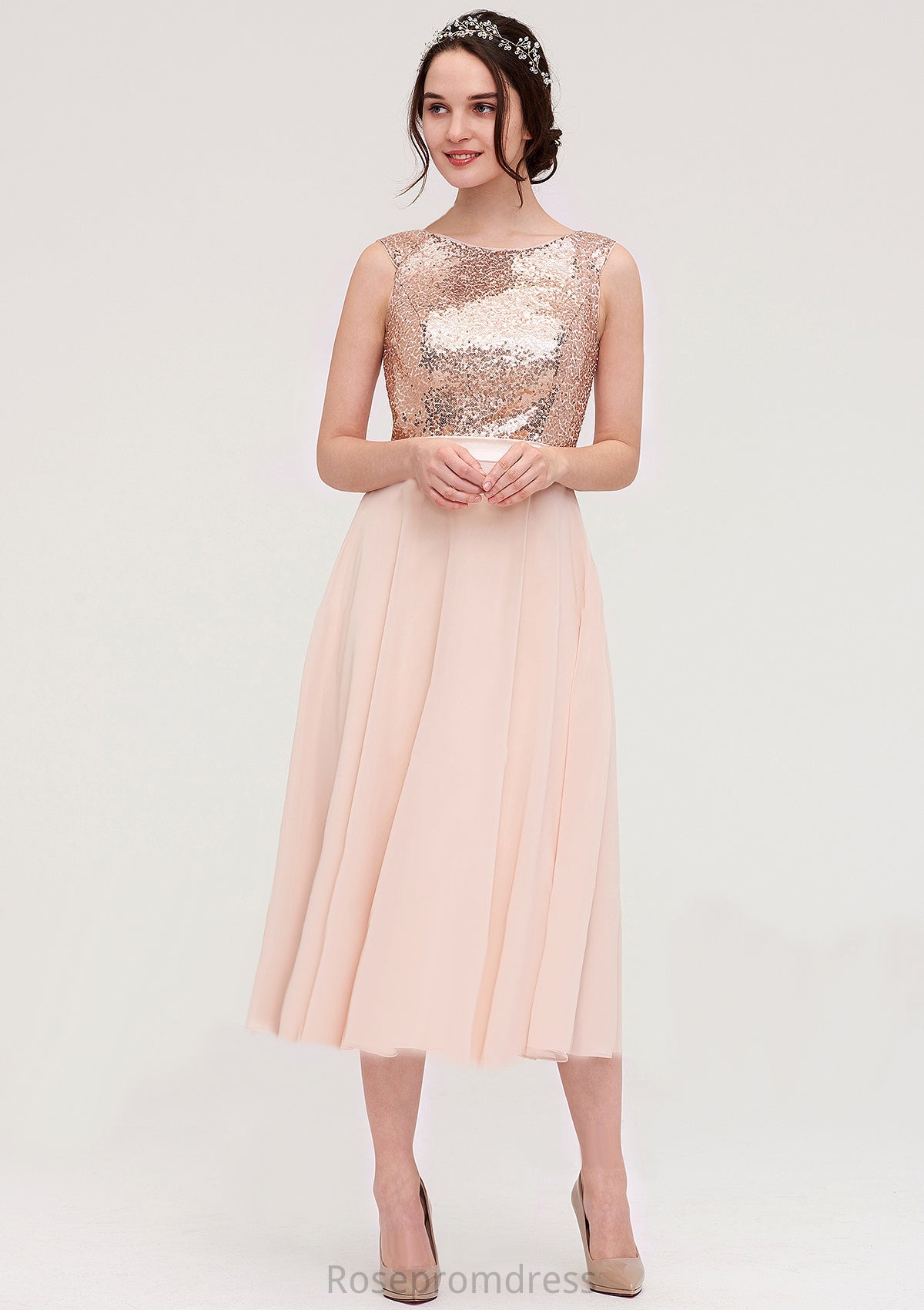 Sleeveless Bateau Chiffon A-line/Princess Bridesmaid Dresses With Sashes Sequins Mylee SRSP0025454