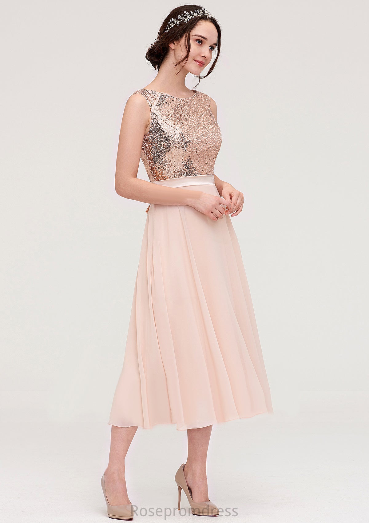 Sleeveless Bateau Chiffon A-line/Princess Bridesmaid Dresses With Sashes Sequins Mylee SRSP0025454