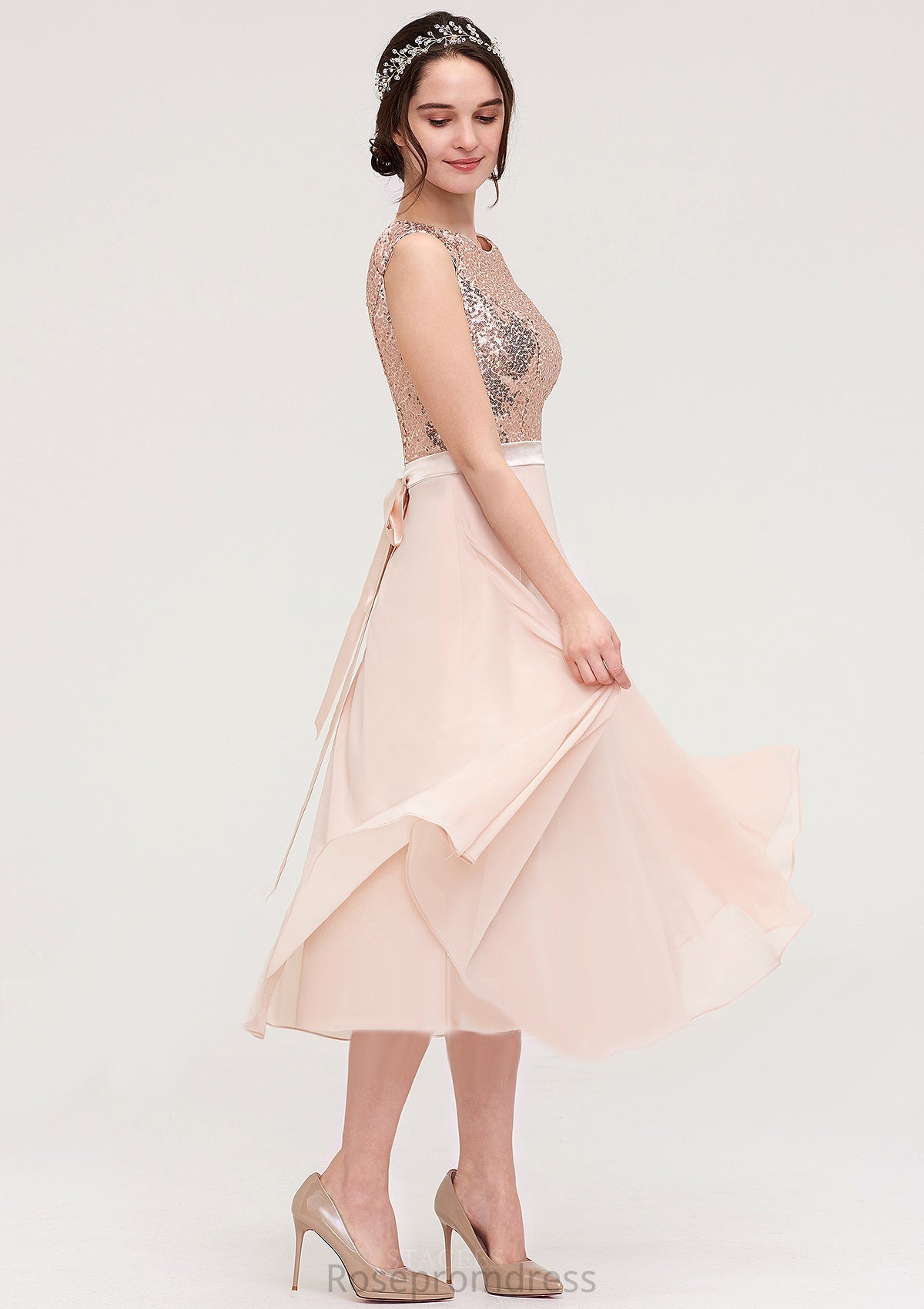 Sleeveless Bateau Chiffon A-line/Princess Bridesmaid Dresses With Sashes Sequins Mylee SRSP0025454