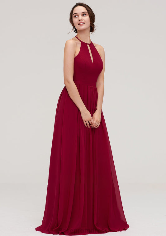 Scoop Neck Sleeveless A-line/Princess Long/Floor-Length Chiffon Bridesmaid Dresseses With Pleated Jaden SRSP0025456